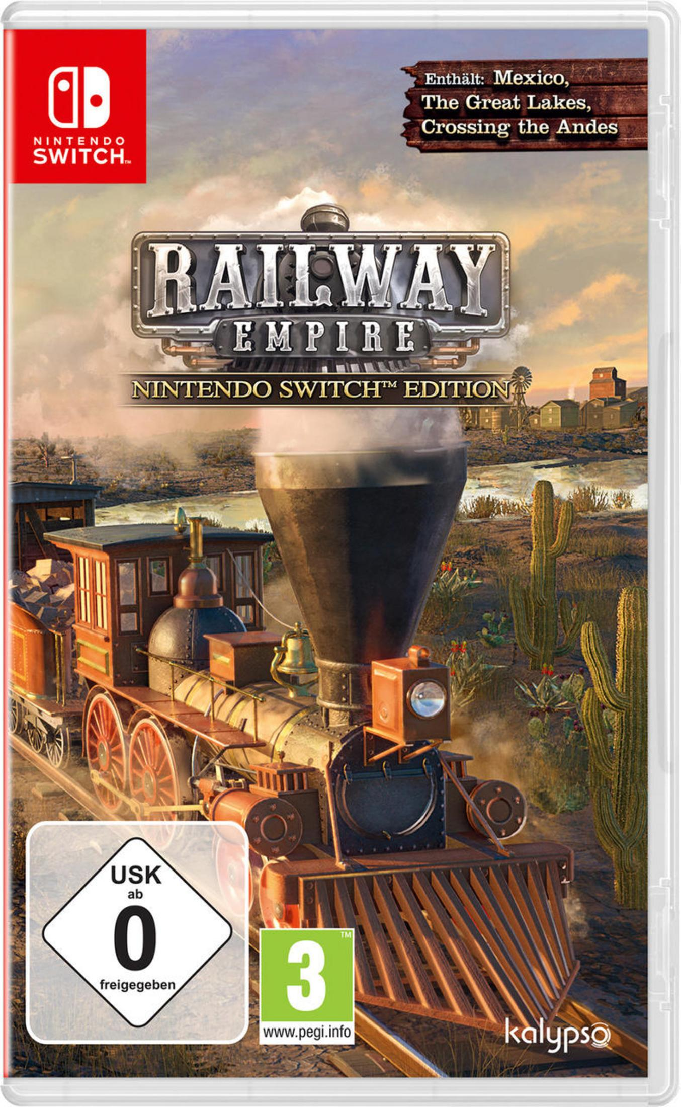 Railway Empire Spielcover. Zug auf Gleisen, Wüstenlandschaft und eine Dampflokomotive.