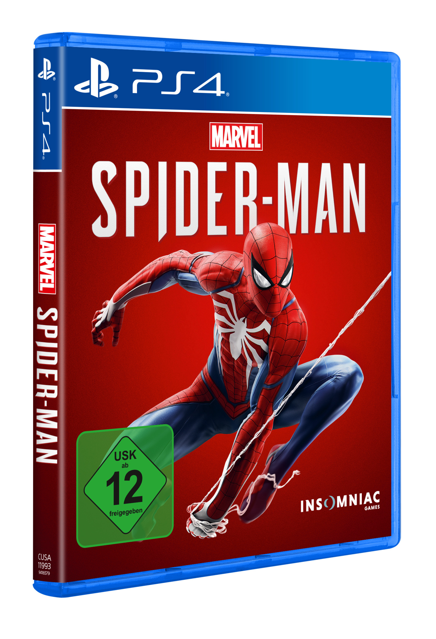 PlayStation 4 Spielbox für Spider-Man. Roter Hintergrund mit Spider-Man-Bild.