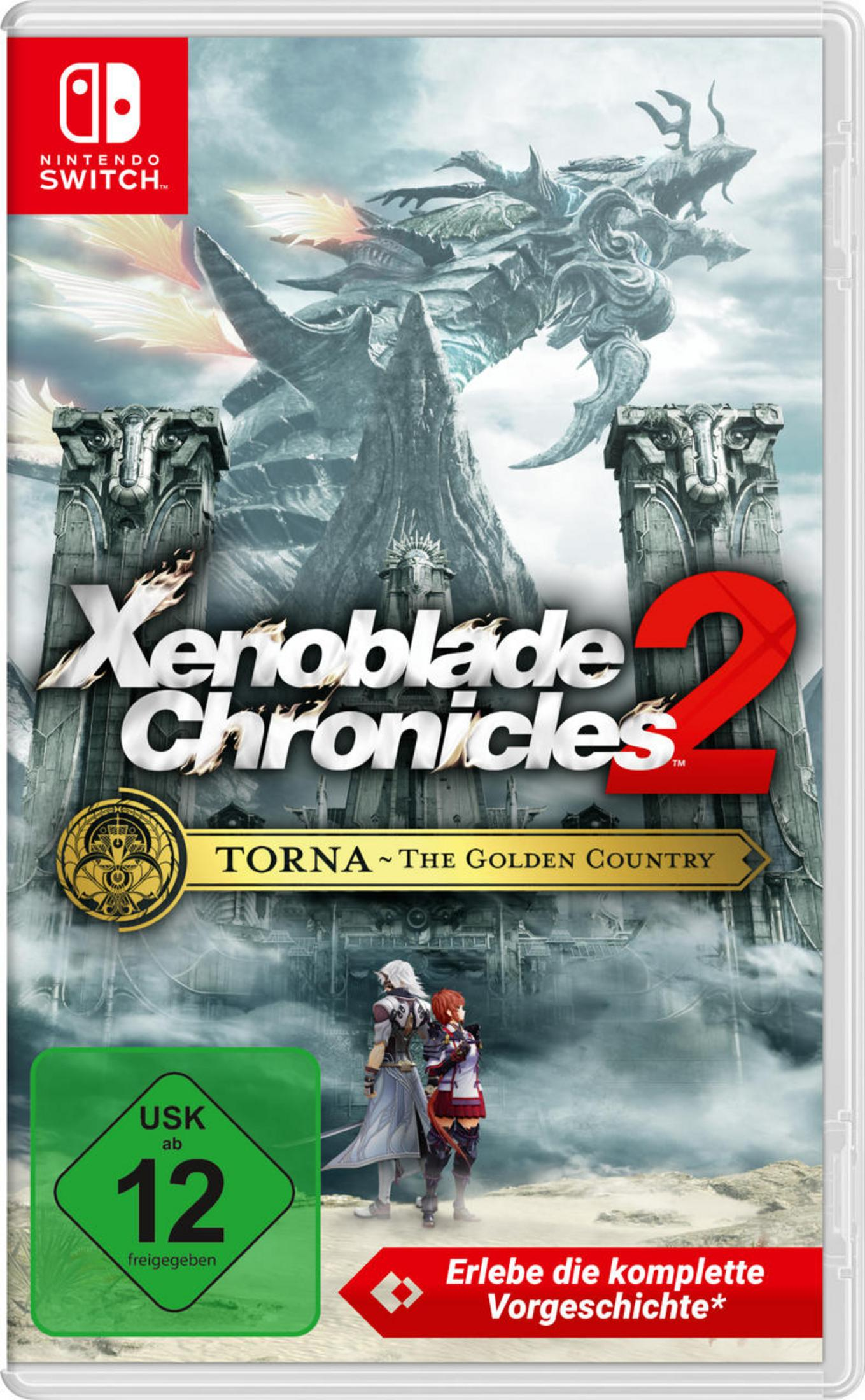 Spielcover: Eine Fantasieszene mit zwei Charakteren. Der Titel lautet Xenoblade Chronicles 2. Ein grüner USK-Aufkleber.