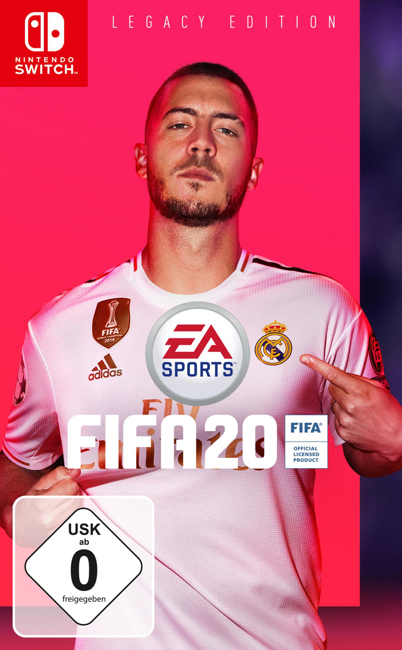 Okładka gry: FIFA 20 Legacy Edition, przedstawiająca piłkarza z logo EA Sports.