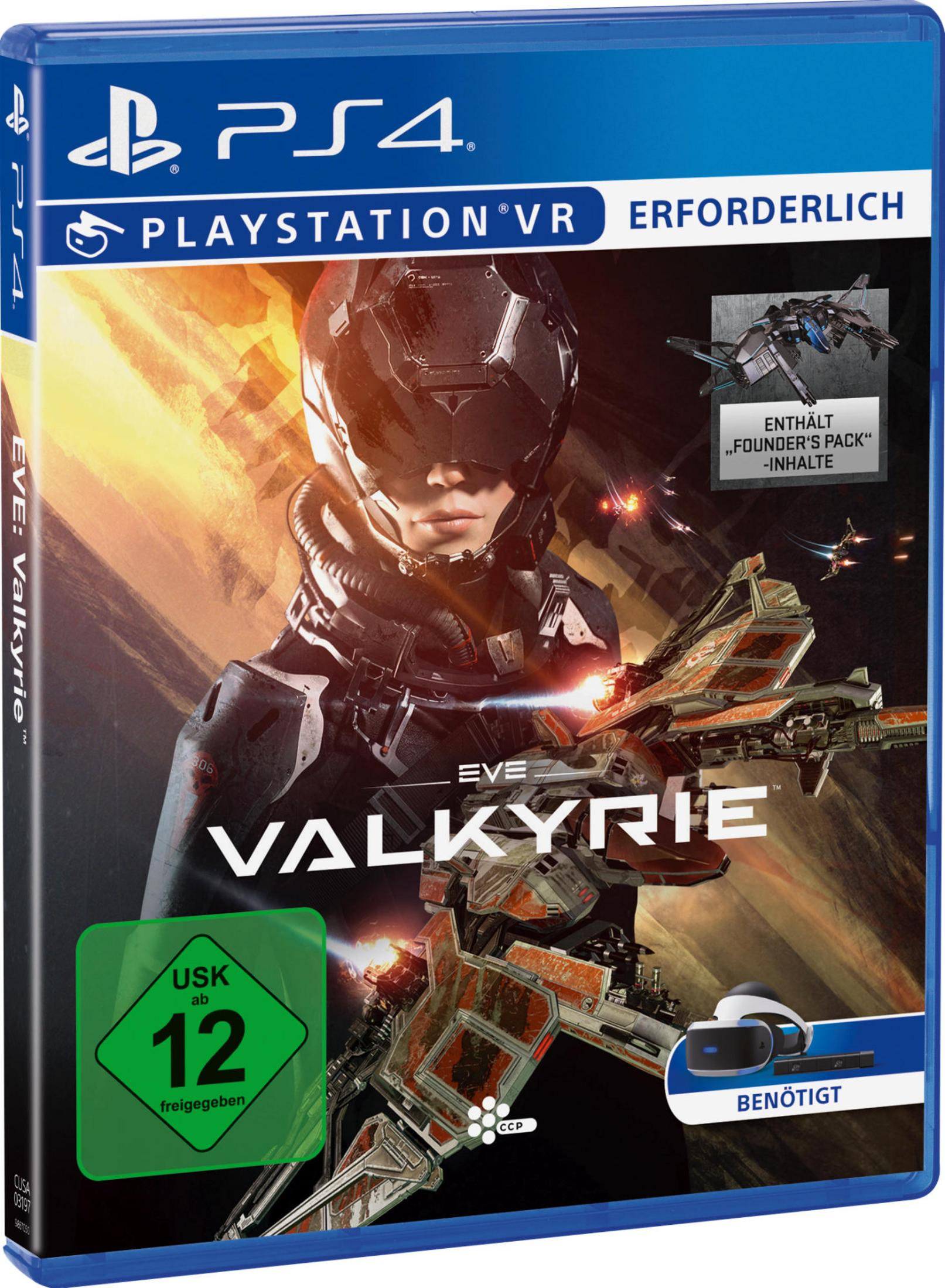 PS4-Spielbox für EVE: Valkyrie. Zeigt eine Frau in einem Raumanzug und ein Raumschiff. Das Spiel benötigt PS VR.