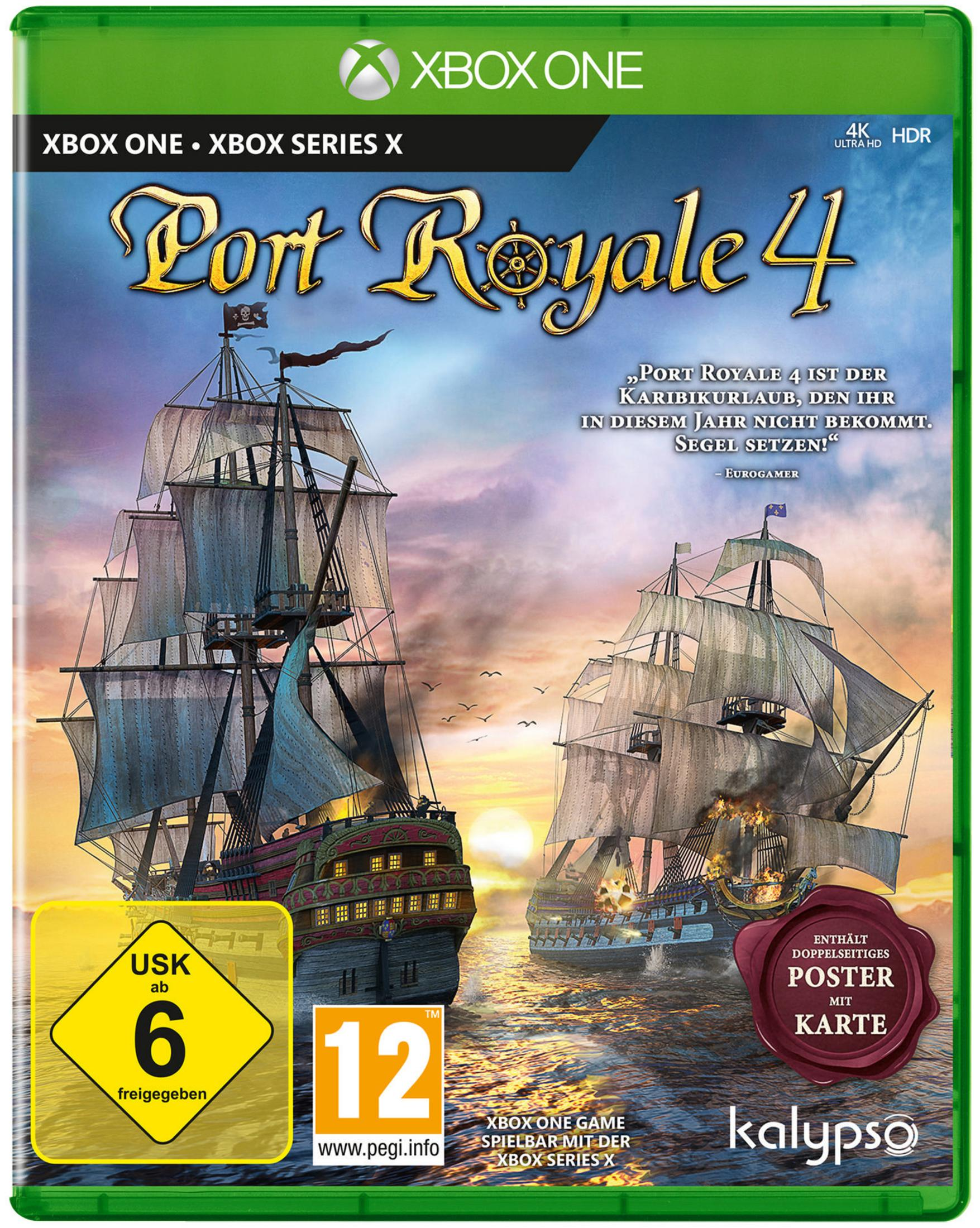 Das Xbox One-Spiel Port Royale 4. Das Cover zeigt Segelschiffe auf See.
