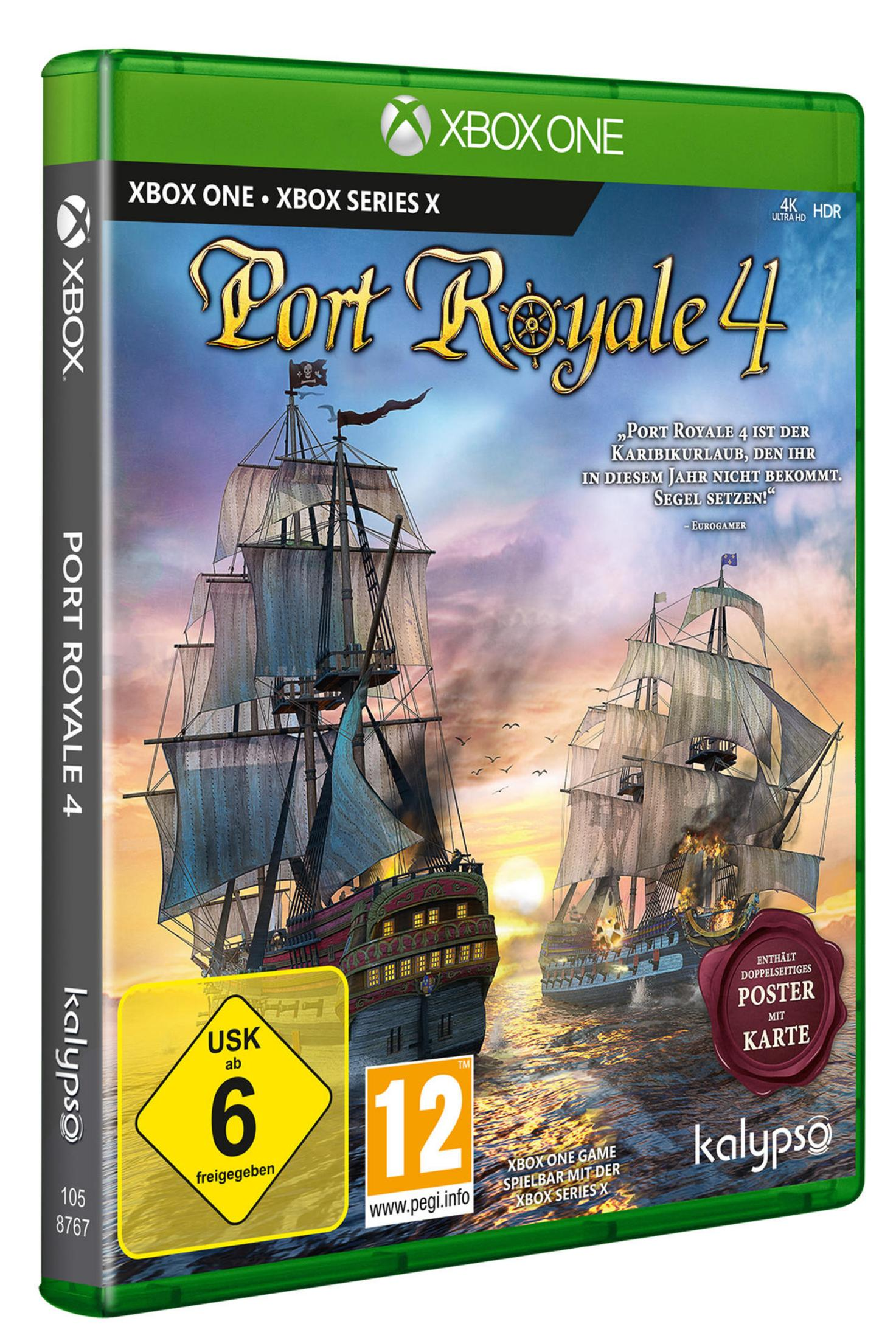 Ein Spielcover für 'Port Royale 4' mit zwei Segelschiffen auf dem Meer, grüner Hintergrund.