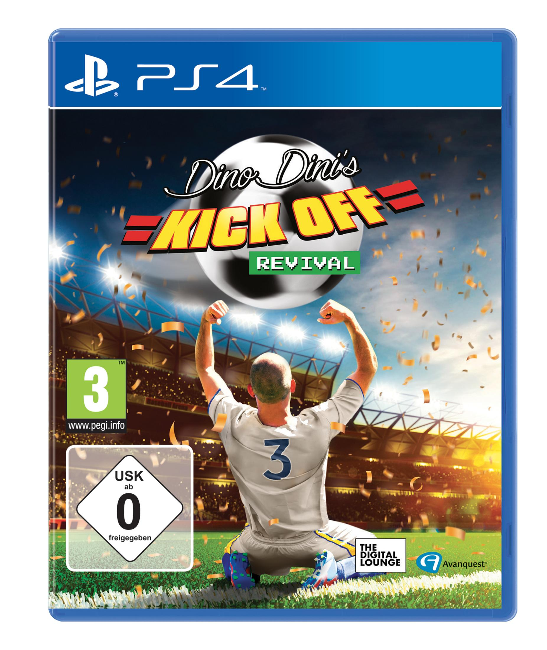 PS4-Spielbox. Fußballspieler feiert Tor. Titel Kick Off Revival.
