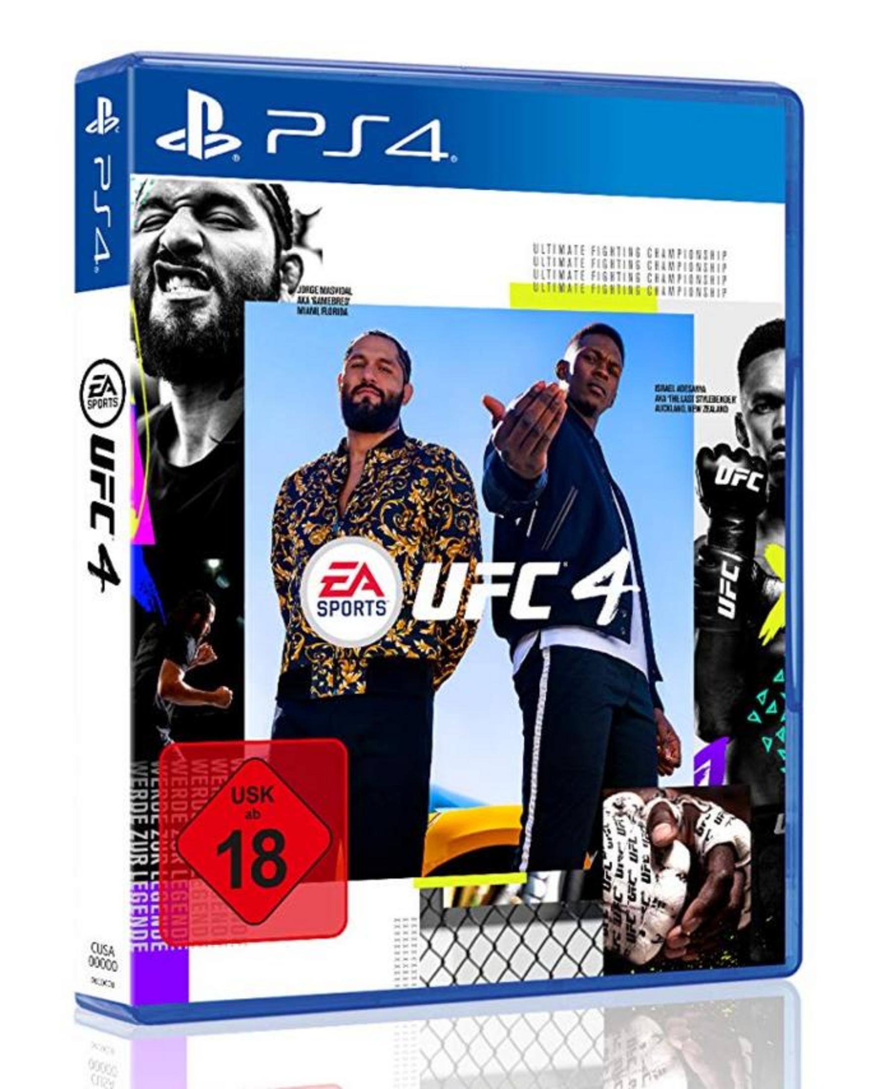 UFC 4-Spielcover. Zwei Männer stehen sich gegenüber, Kämpfer und Käfig im Hintergrund. Roter USK 18-Aufkleber auf dem Cover.