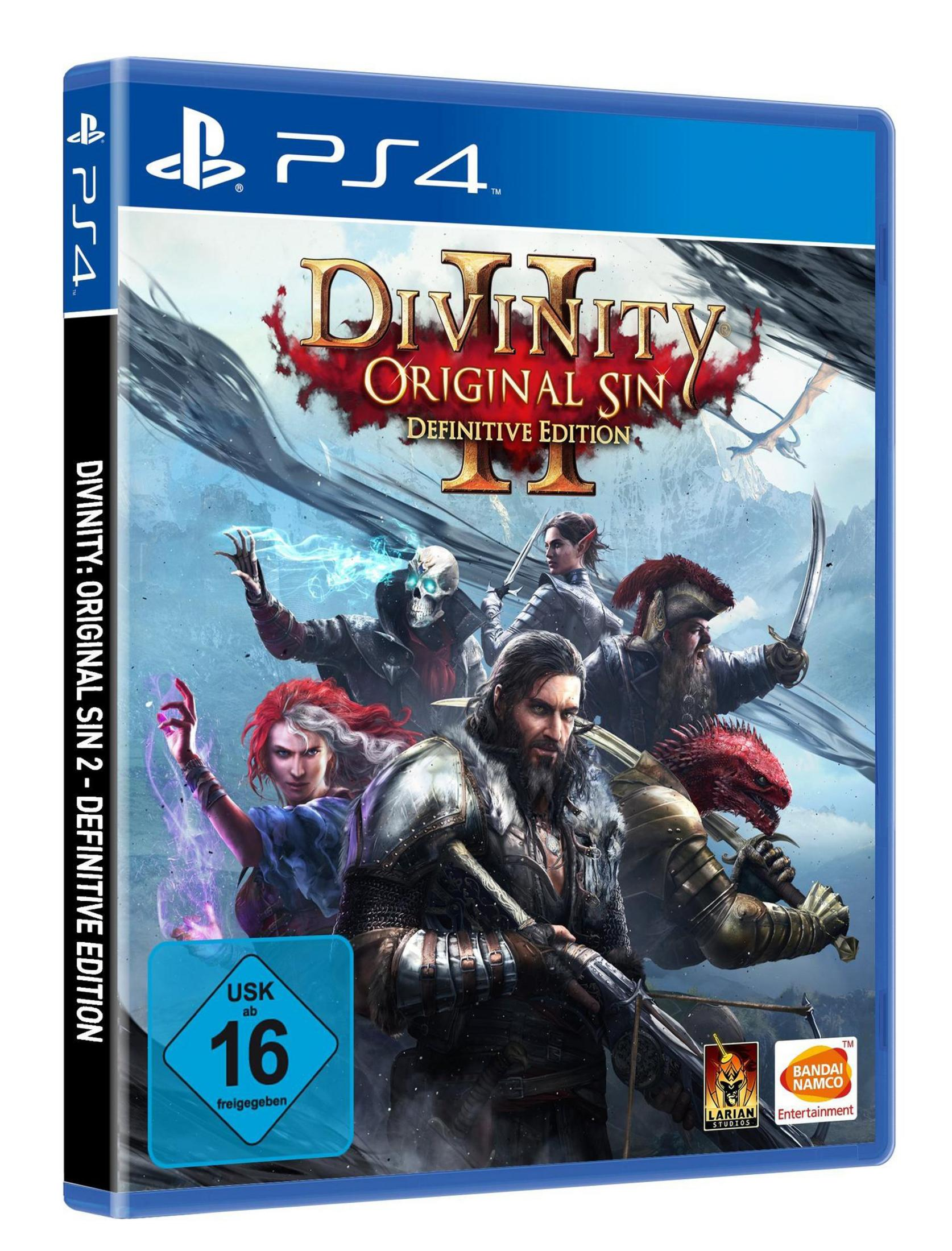 PS4-Spielhülle: Divinity: Original Sin II. Artwork zeigt Charaktere in einer Fantasy-Umgebung.