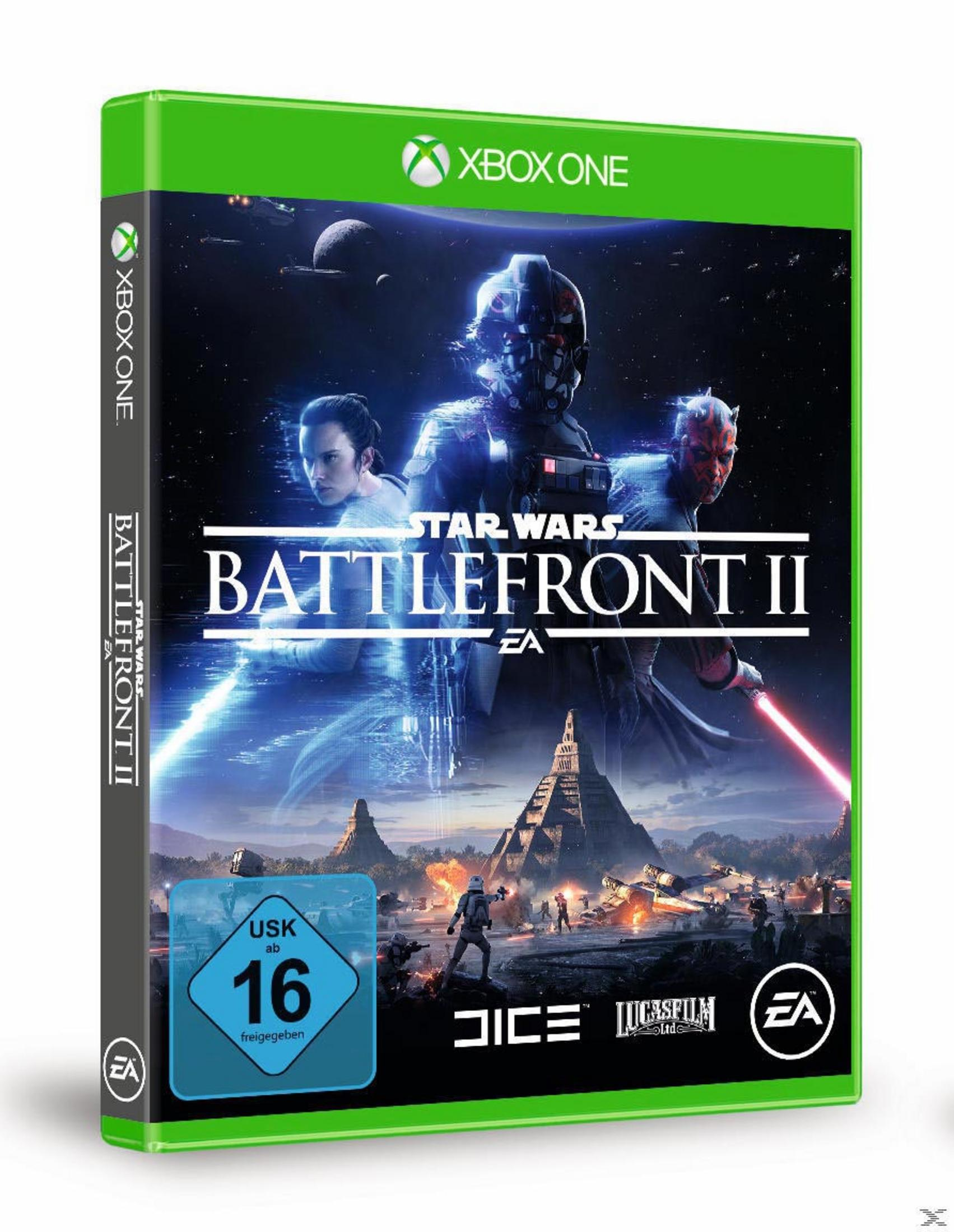 Videospiel-Box-Art für Star Wars: Battlefront II mit Charakteren vor Weltraumhintergrund.