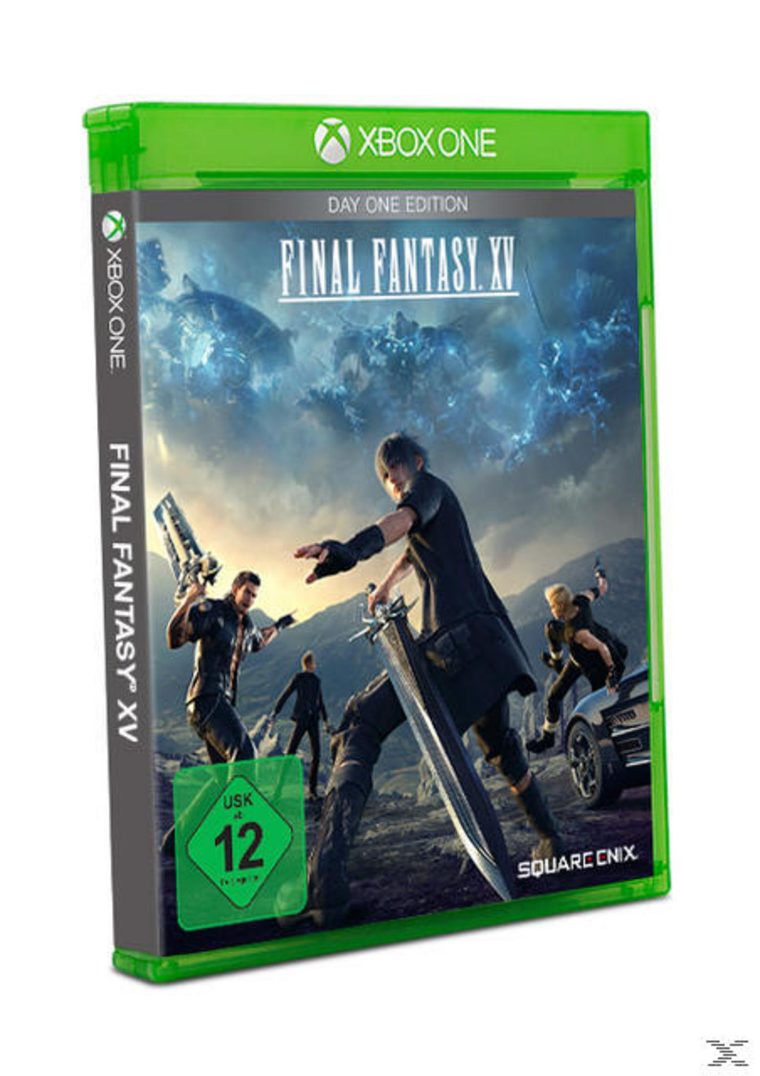 Final Fantasy XV Day One Edition-Spielcover mit Charakteren in einer Kampfszene.