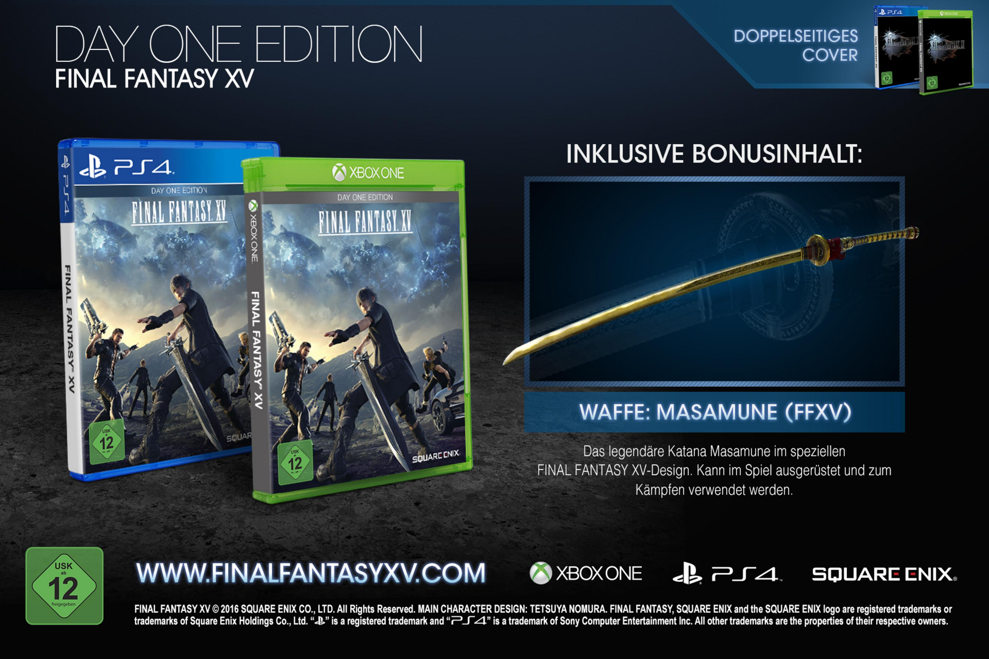 Spielboxen. Final Fantasy XV für PS4 und Xbox One. Schwertgrafik. Text: 'FINAL FANTASY XV'.