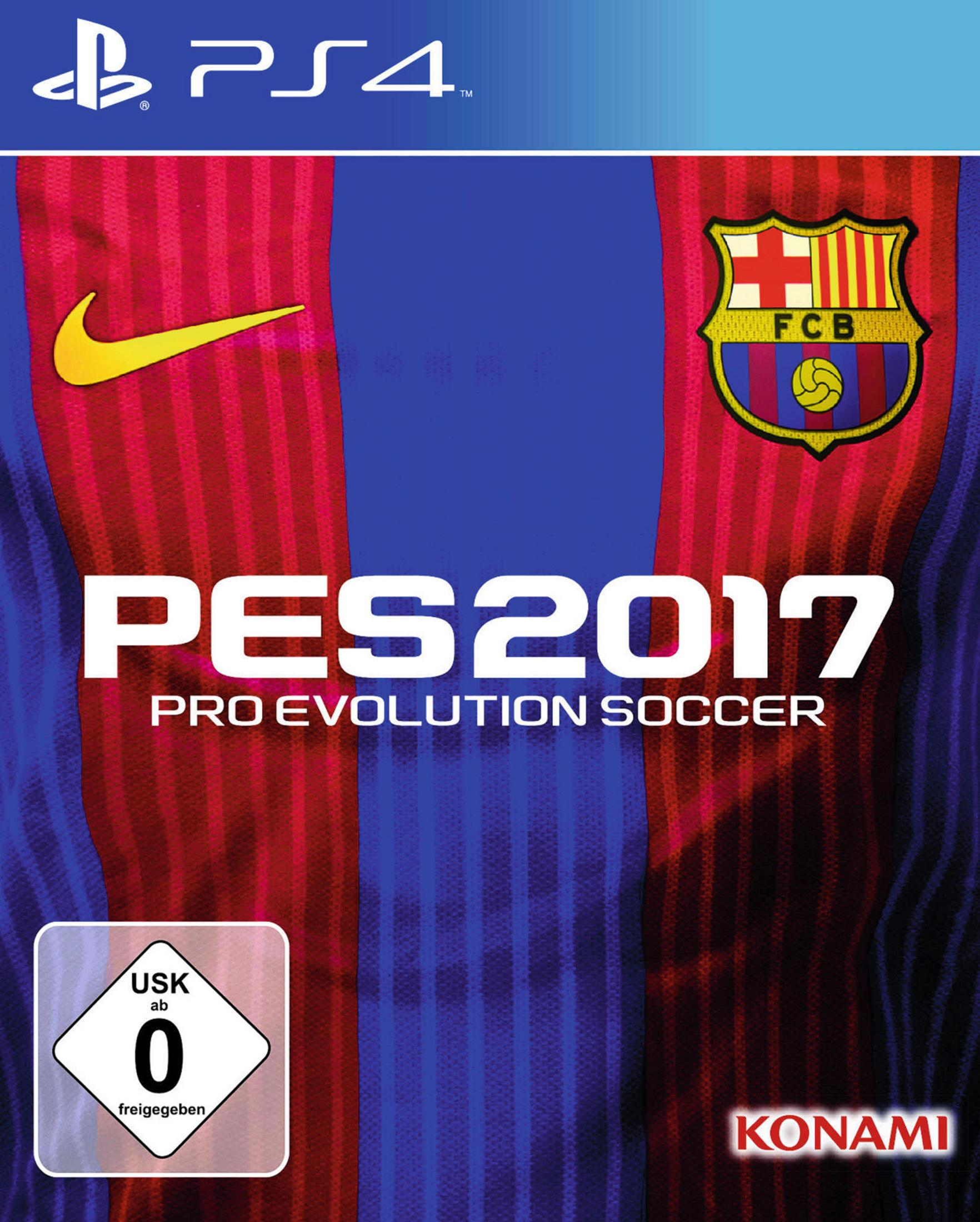 PES 2017-Spielcover mit Barcelona FC-Logo und PS4-Logo.