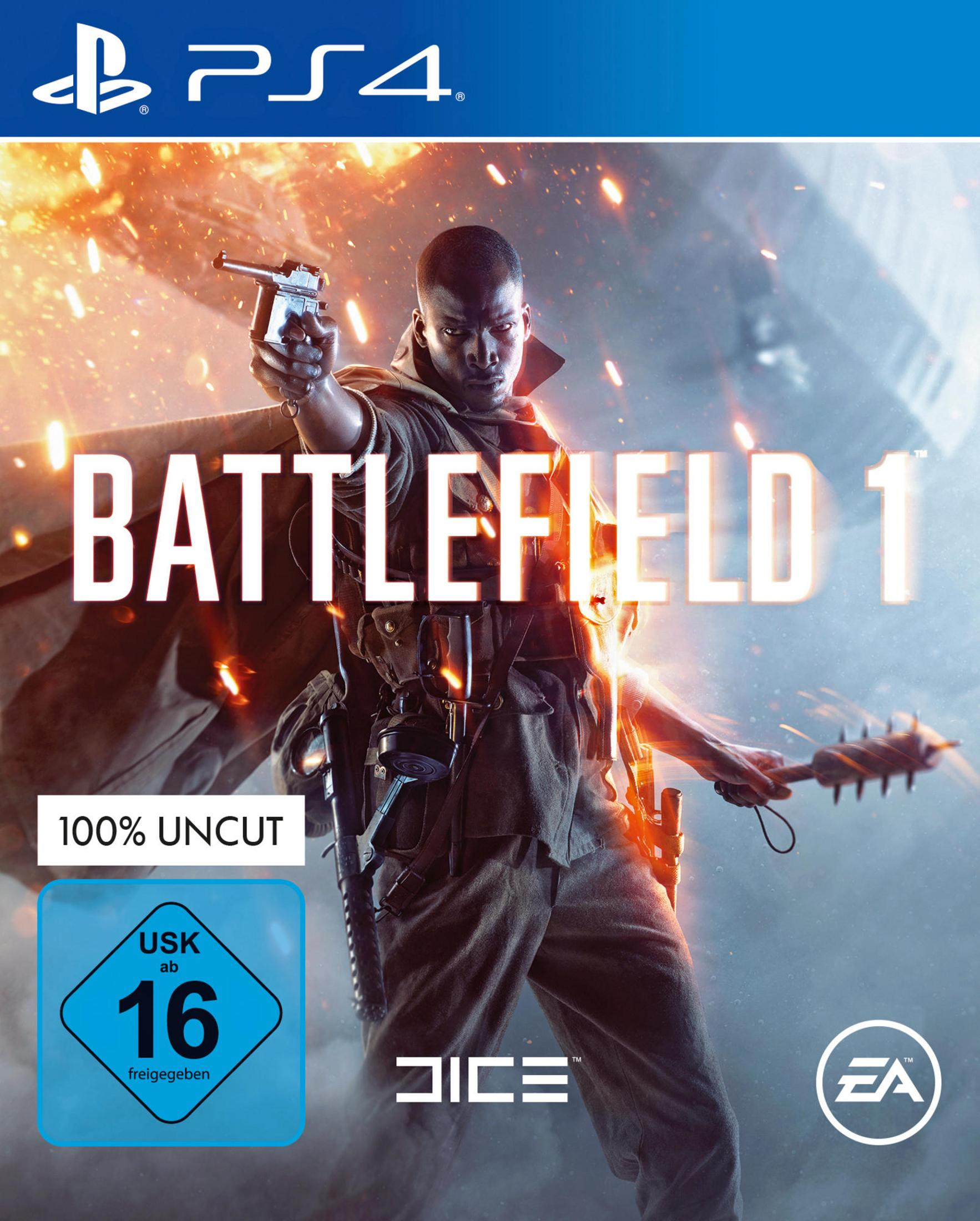 Opakowanie gry Battlefield 1 na PS4, z żołnierzem celującym z broni, z niemiecką pieczęcią oceny.