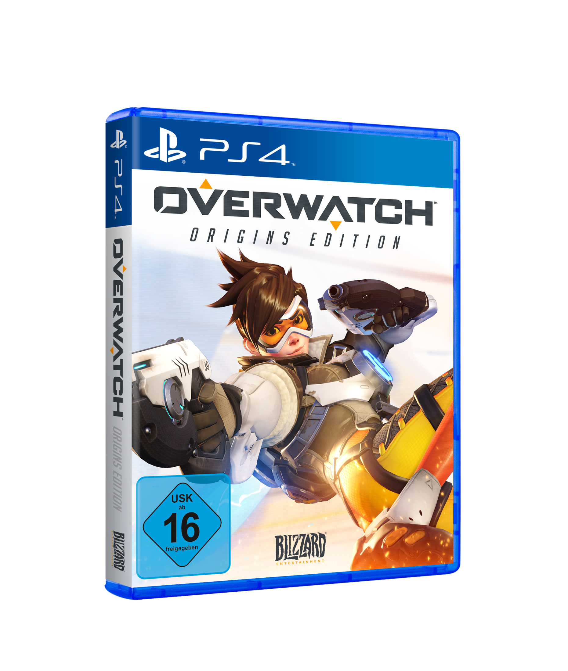 Overwatch Origins Edition Spielbox. Das Cover zeigt eine Figur mit Brille und Waffe.