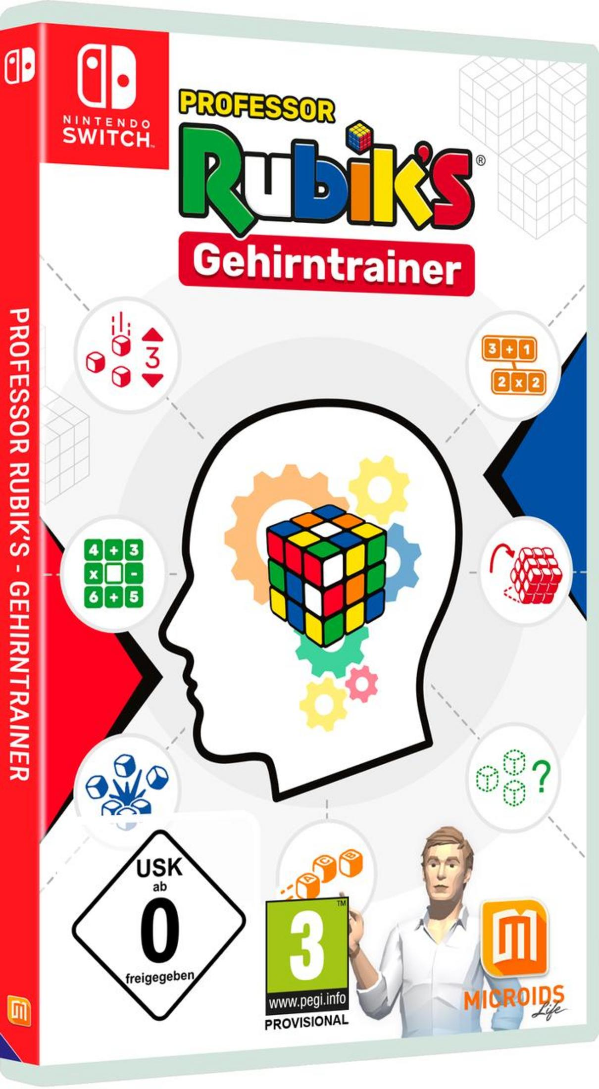 Nintendo Switch-Spielbox für 'Professor Rubiks Gehirntrainer'. Cover hat Rubik's Cube und Person.