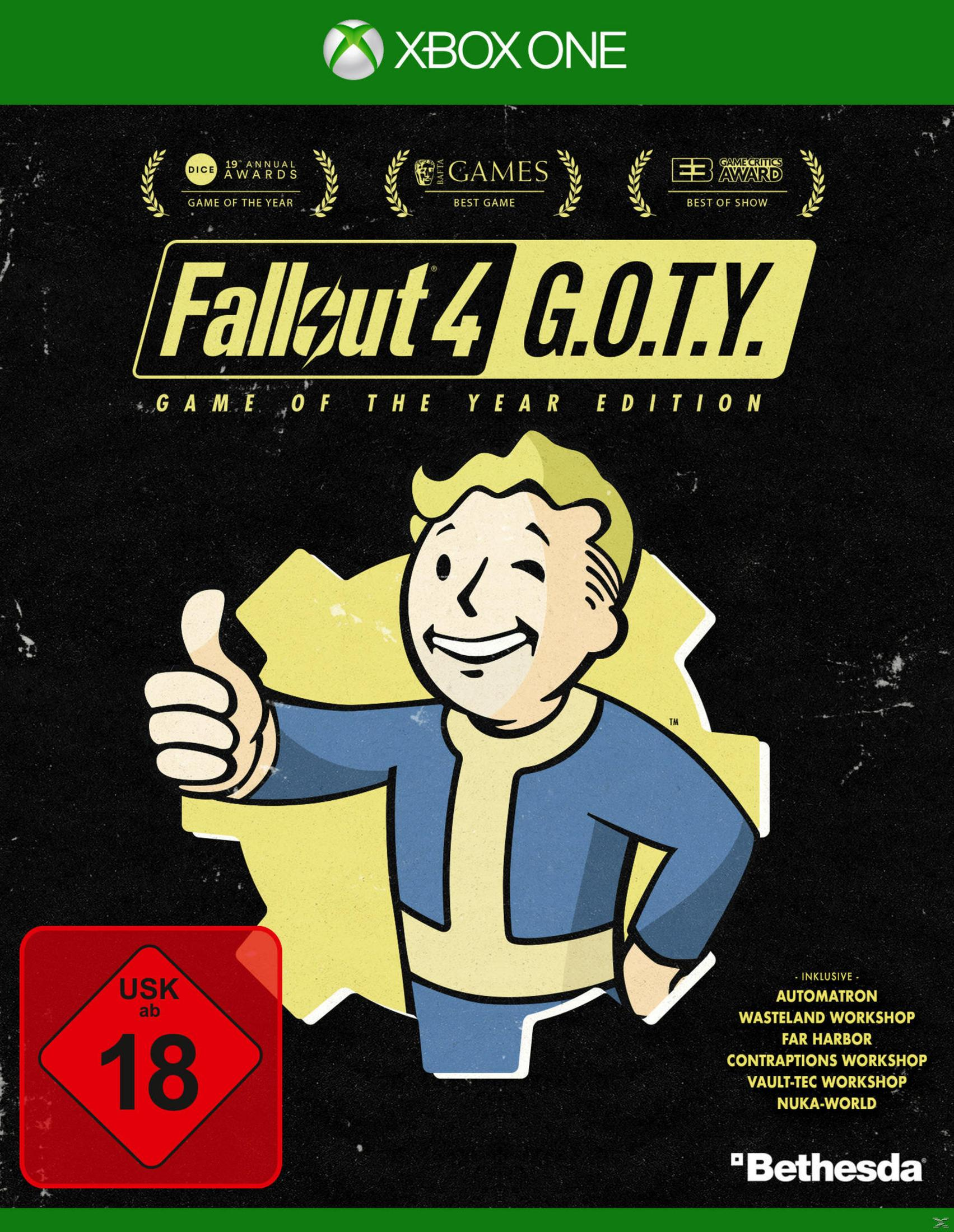 La scatola del gioco Fallout 4 G.O.T.Y. presenta un personaggio di Vault Boy che fa il pollice in su.