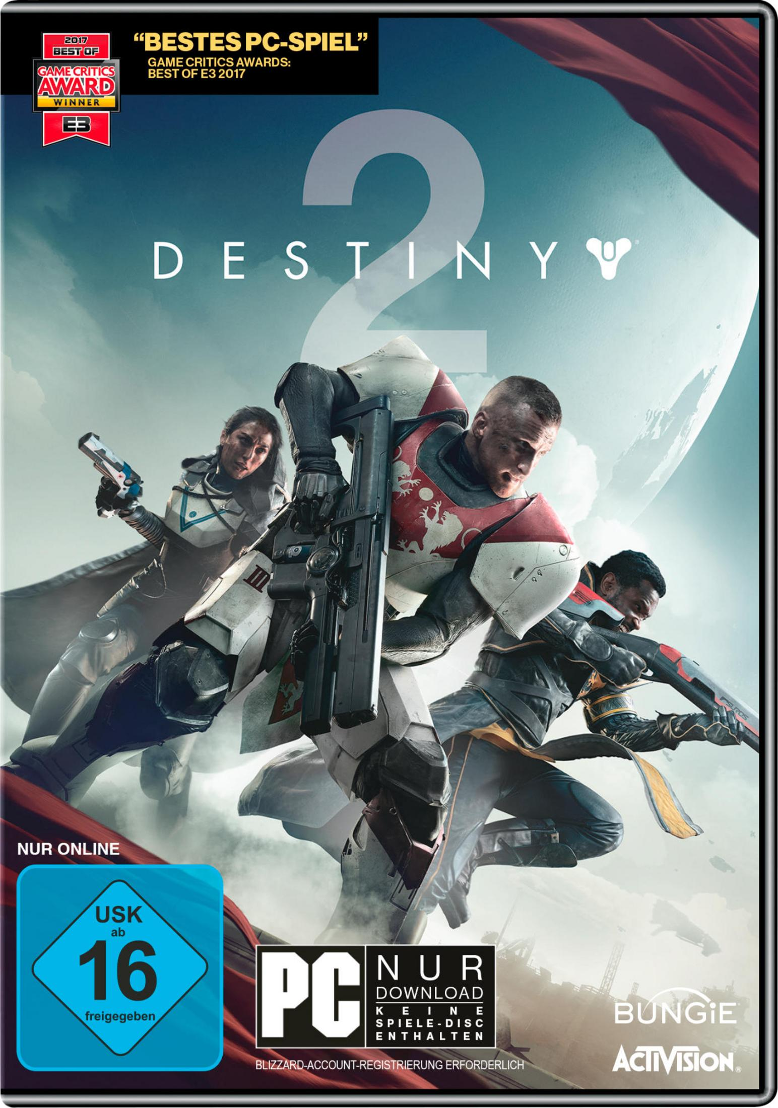 Cover des Spiels Destiny 2. Figuren mit Waffen stehen vor einem Logo.