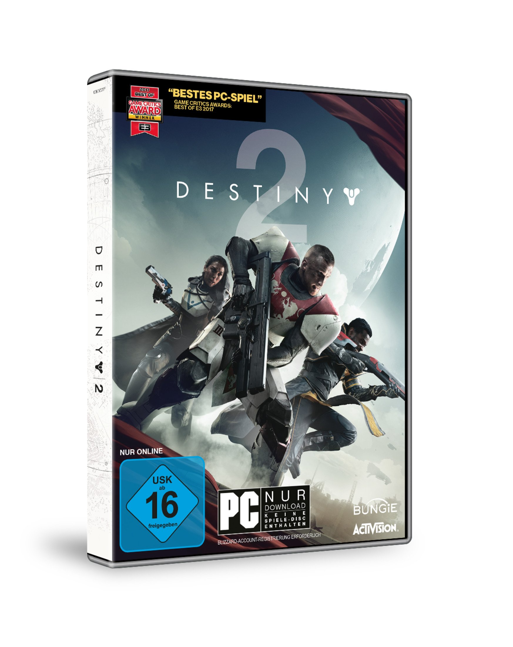 Destiny 2 Spielbox. Enthält drei Charaktere und ein Spiel-Logo.