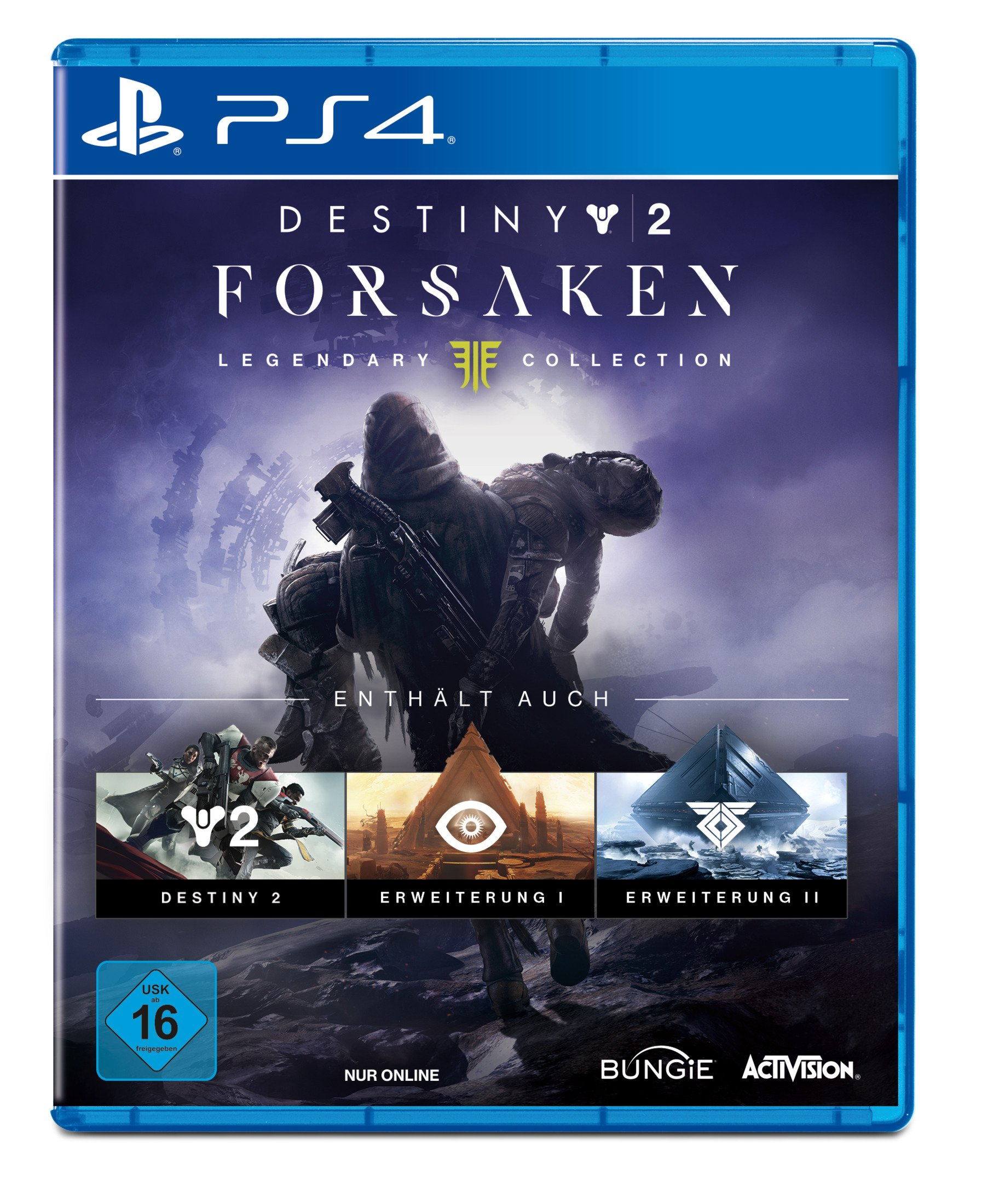 Spielcover: Destiny 2: Forsaken. Zeigt einen Charakter mit Waffe. Dunkles Sci-Fi-Design.