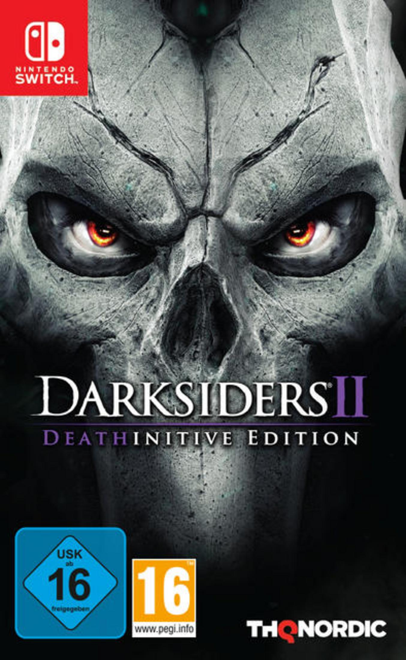 Copertina del gioco Darksiders II: Deathinitive Edition. Un teschio con occhi luminosi. Sfondo scuro. Logo Nintendo Switch.