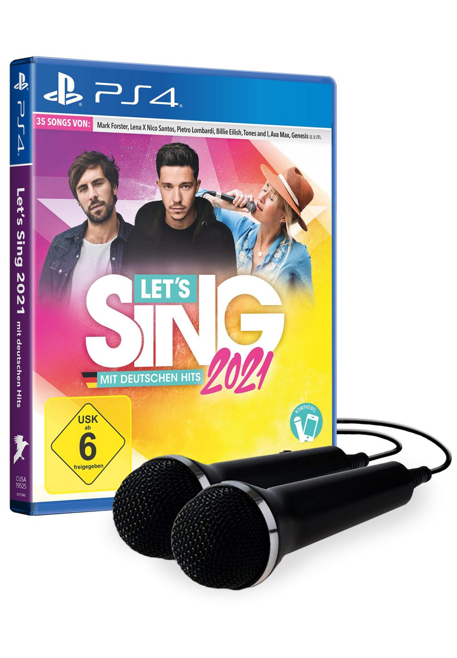 Let's Sing 2021-Spielbox mit zwei Mikrofonen. Das Spiel zeigt drei Sänger auf dem Cover.