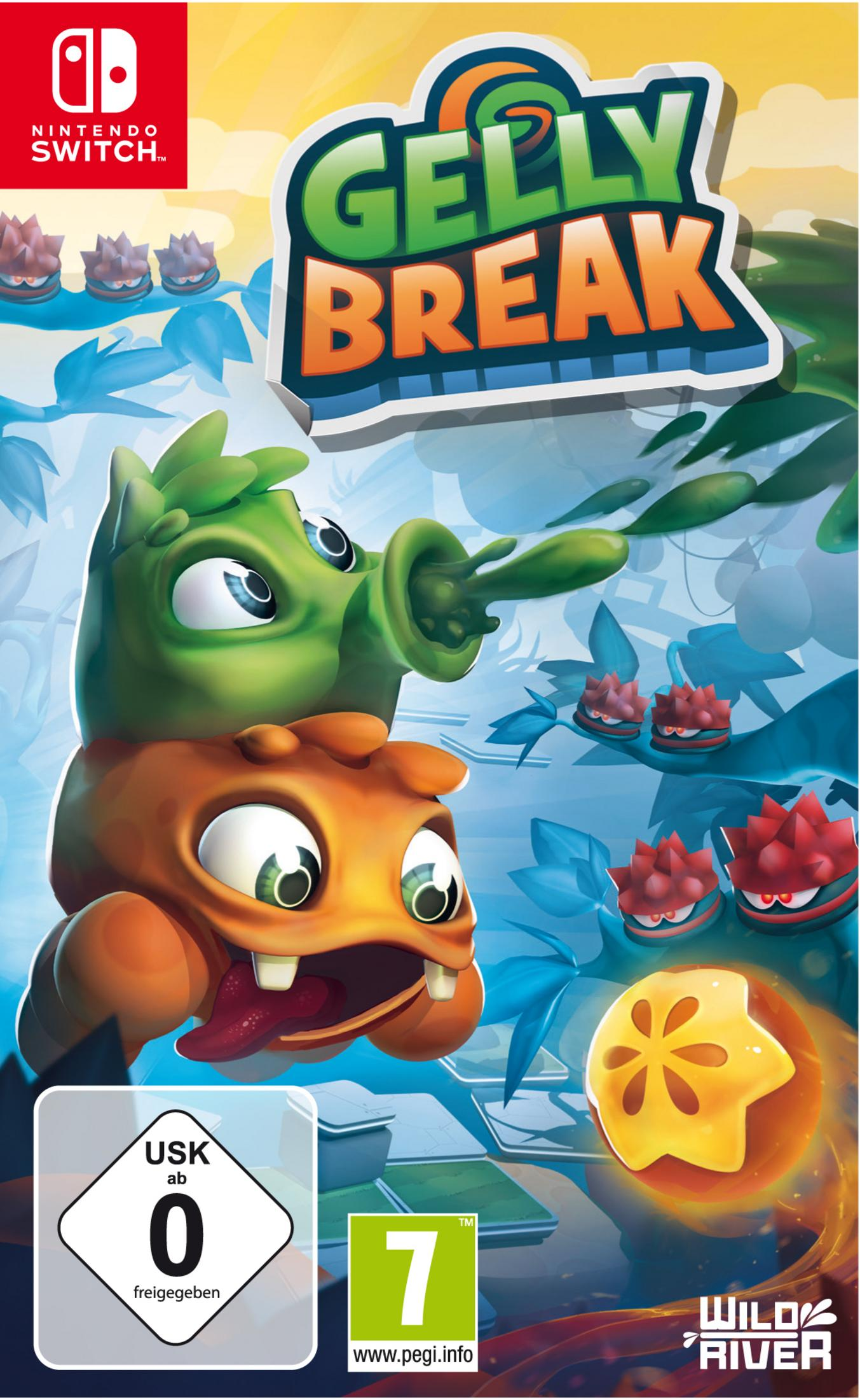 Scatola del gioco Gelly Break. Due creature colorate sono impilate, quella in alto ha un germoglio verde. Per Nintendo Switch.