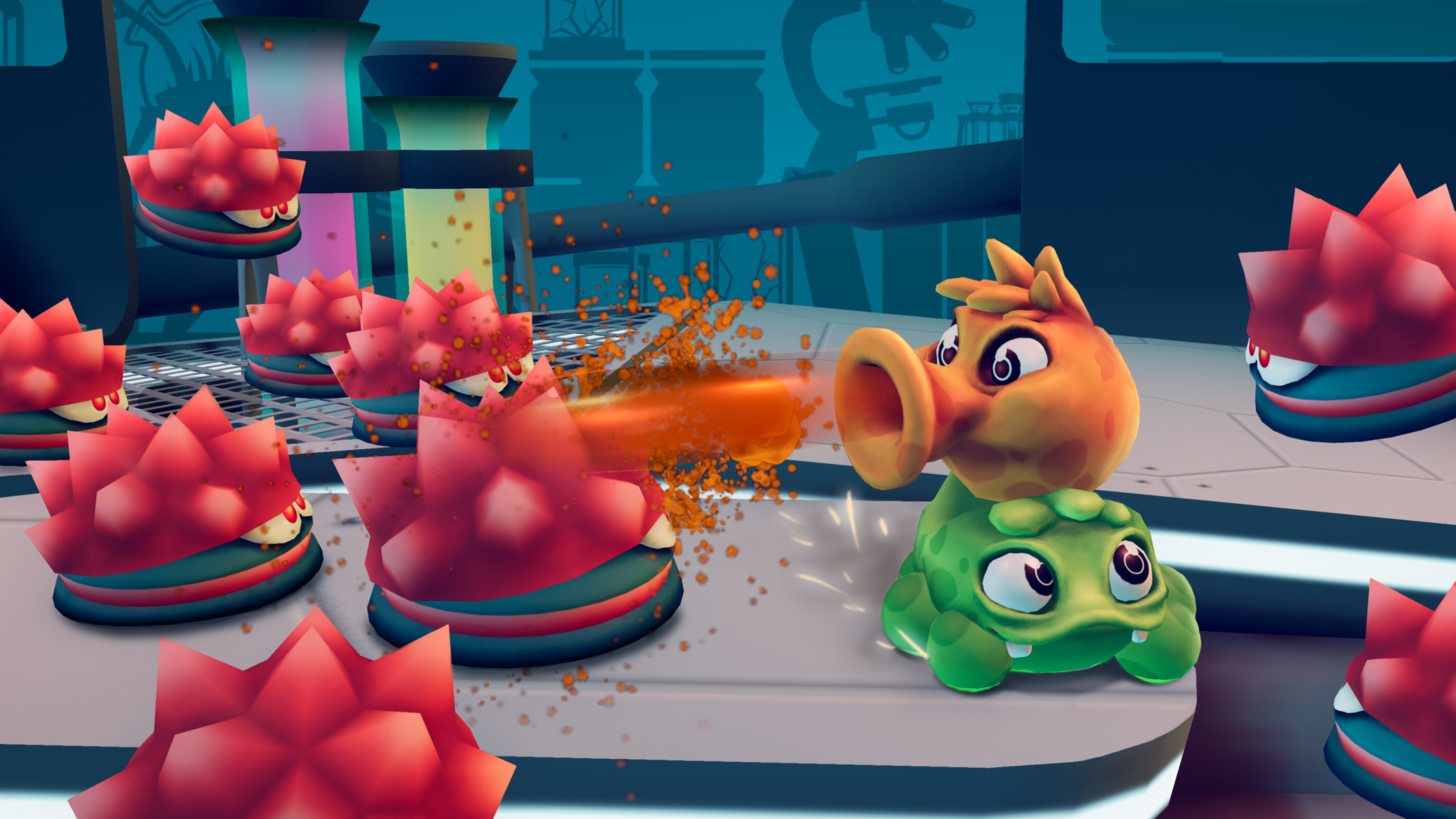 Scena a cartoni animati: due creature combattono. Una spara energia arancione all'altra. Brillante, colorato.