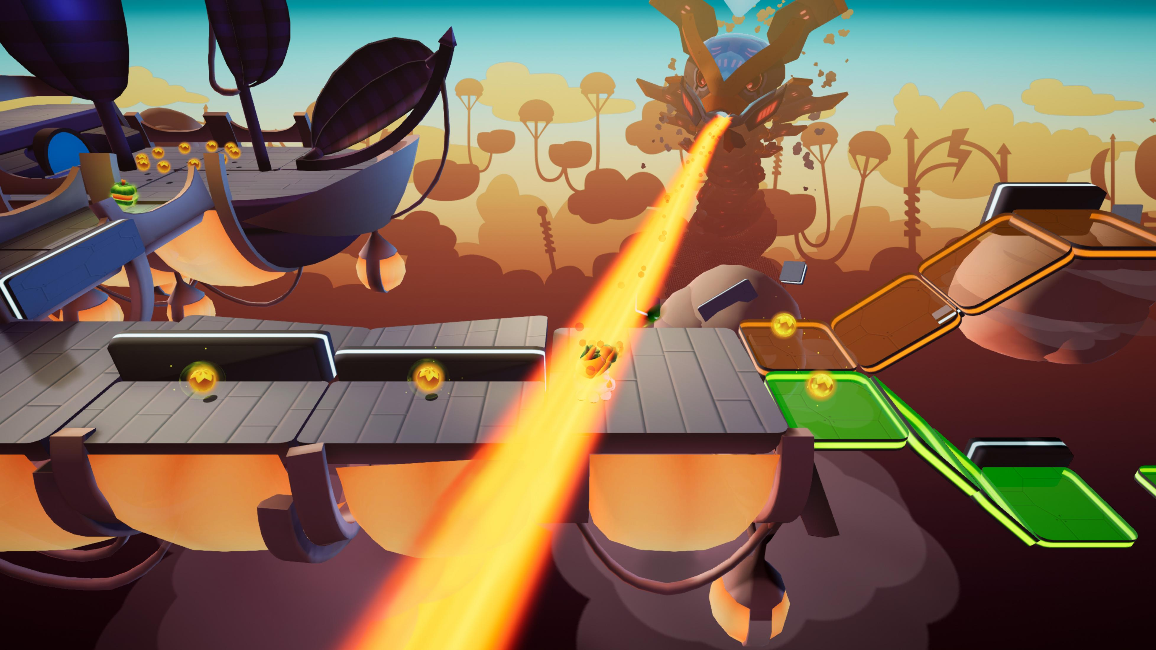 Scena di videogioco con un personaggio giallo su una piattaforma, che spara un raggio di luce.