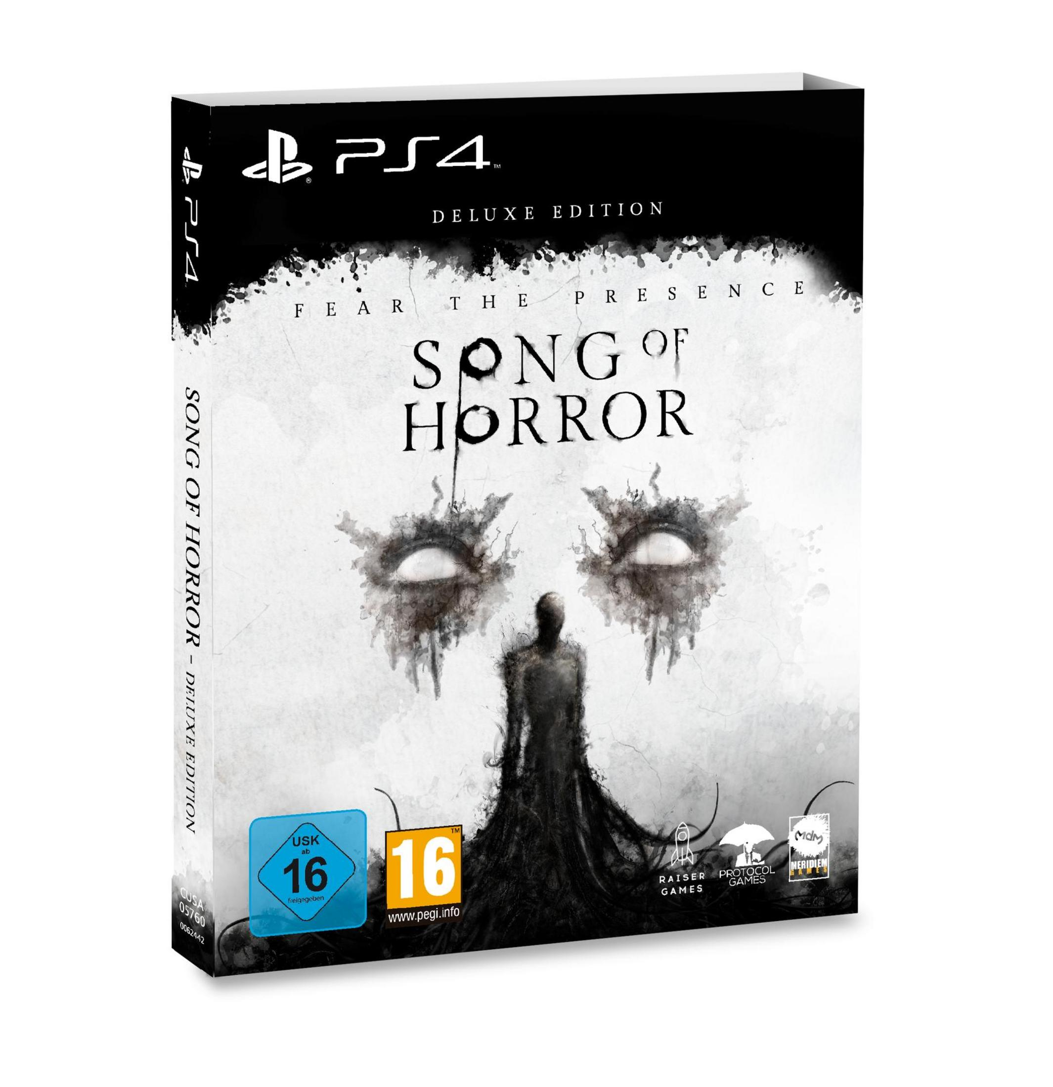 Videospiel-Box-Art für "Song of Horror" auf PS4, mit gruseligem Design.