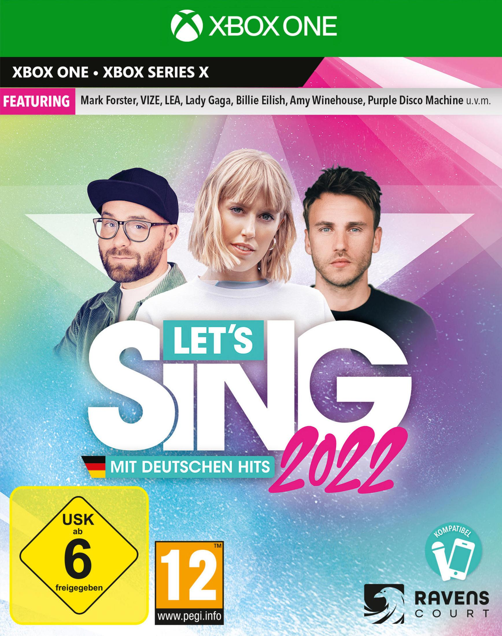 Copertina del gioco Let's Sing 2022 per Xbox One, presenta tre persone, artisti musicali e il logo del gioco.
