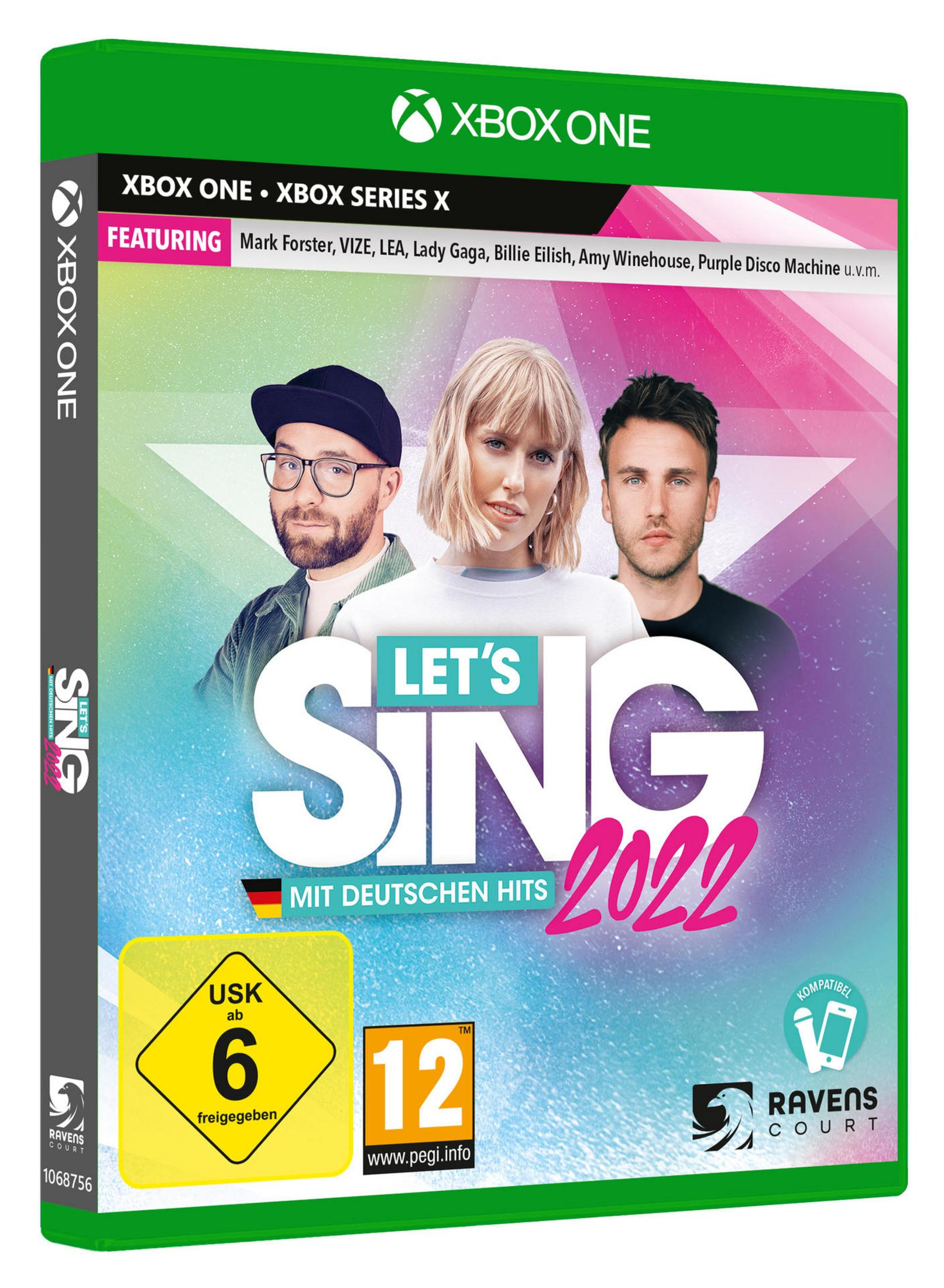Scatola del gioco Let's Sing 2022. Con artisti, testo tedesco e logo Xbox su verde.