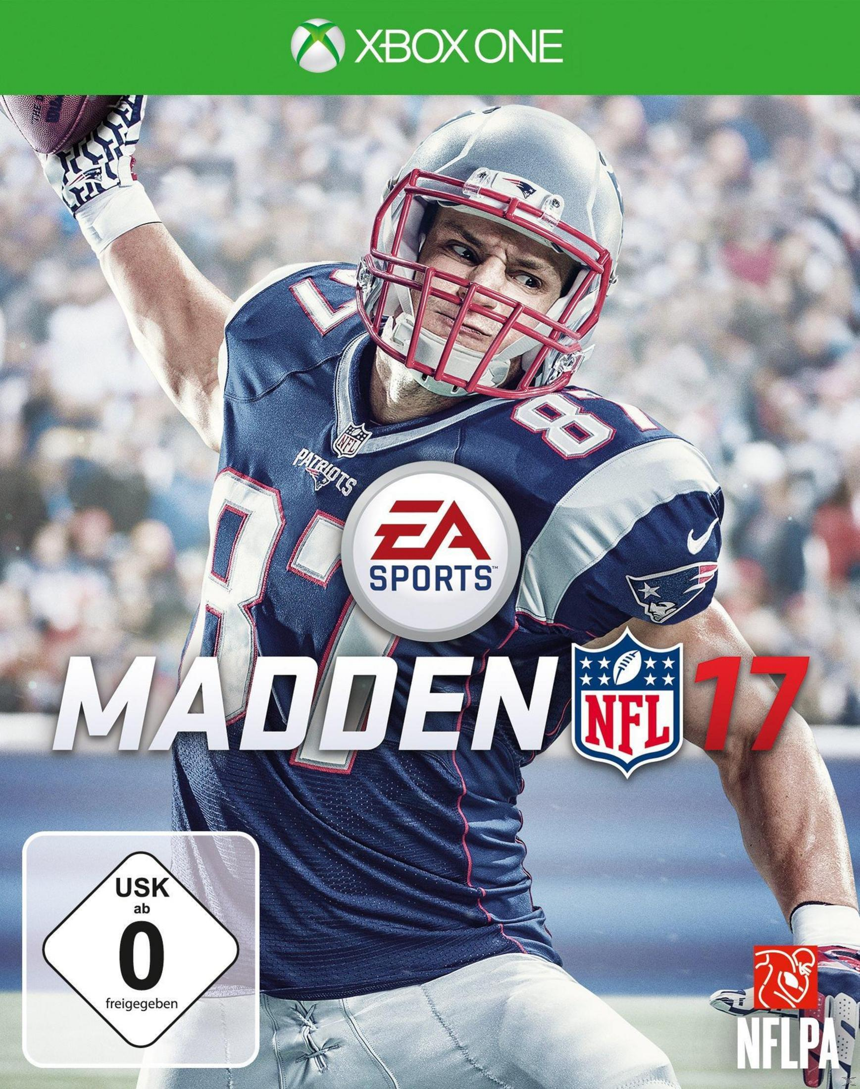 Madden NFL 17 gamebox met een American footballspeler in Patriots uniform. EA Sports logo en NFL logo aanwezig.