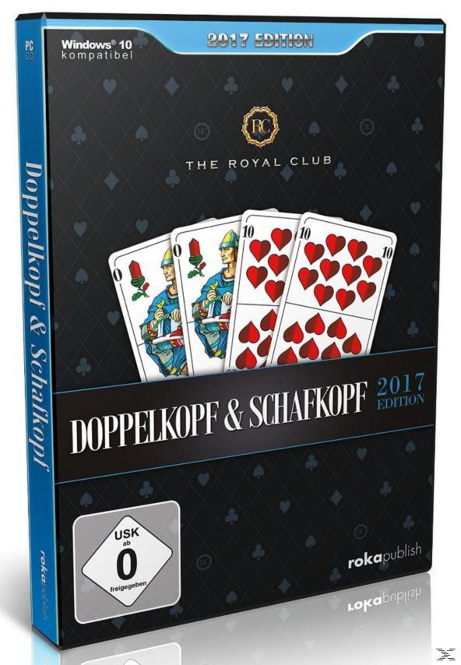 Eine PC-Spielbox von Doppelkopf & Schafkopf 2017 Edition mit Spielkarten auf dem Cover.