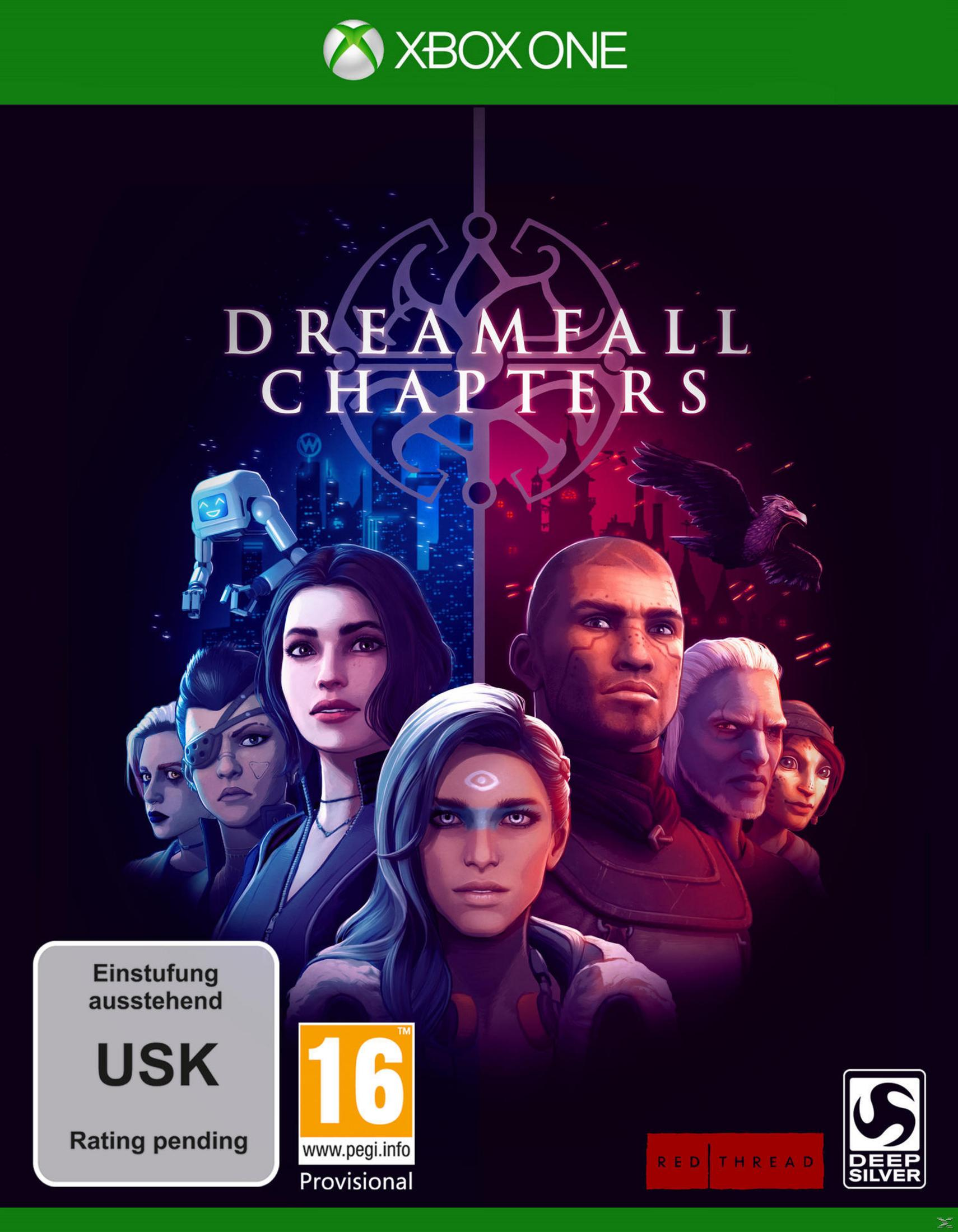 Dreamfall Chapters Spielcover. Gesichter von Charakteren auf dunklem Hintergrund. Xbox One Logo sichtbar.