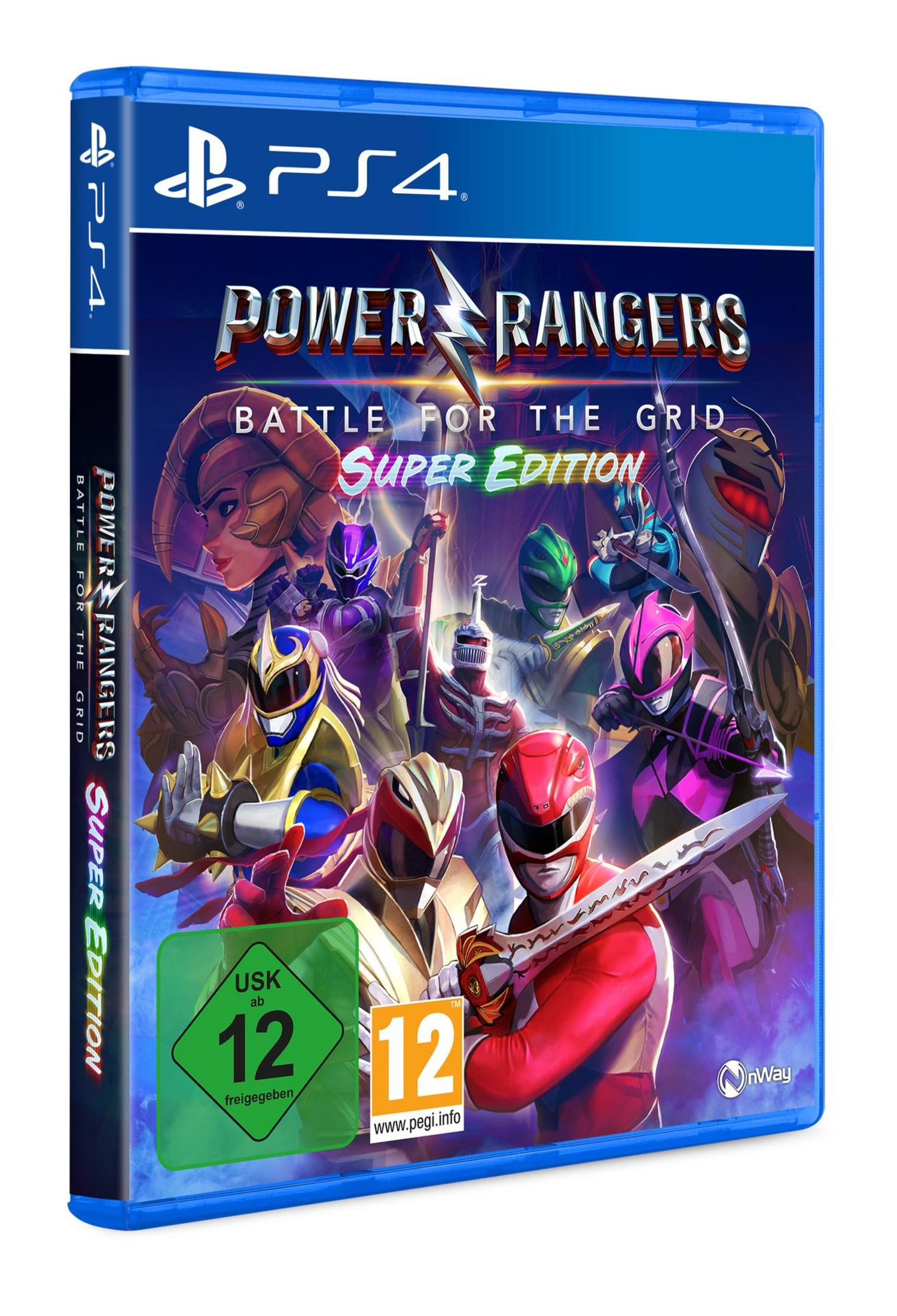 Power Rangers-Spielbox. Charaktere in Anzügen sind auf dem Cover. PS4-Logo oben. USK 12-Aufkleber.