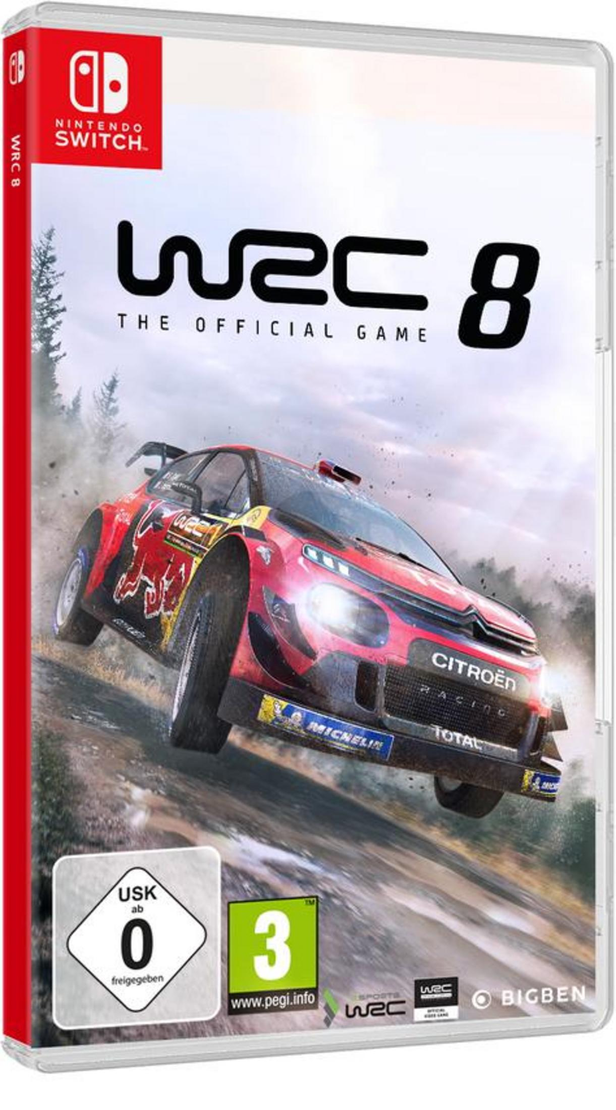 Spielbox für WRC 8: The Official Game, mit einem Rallye-Auto auf einer Strecke.
