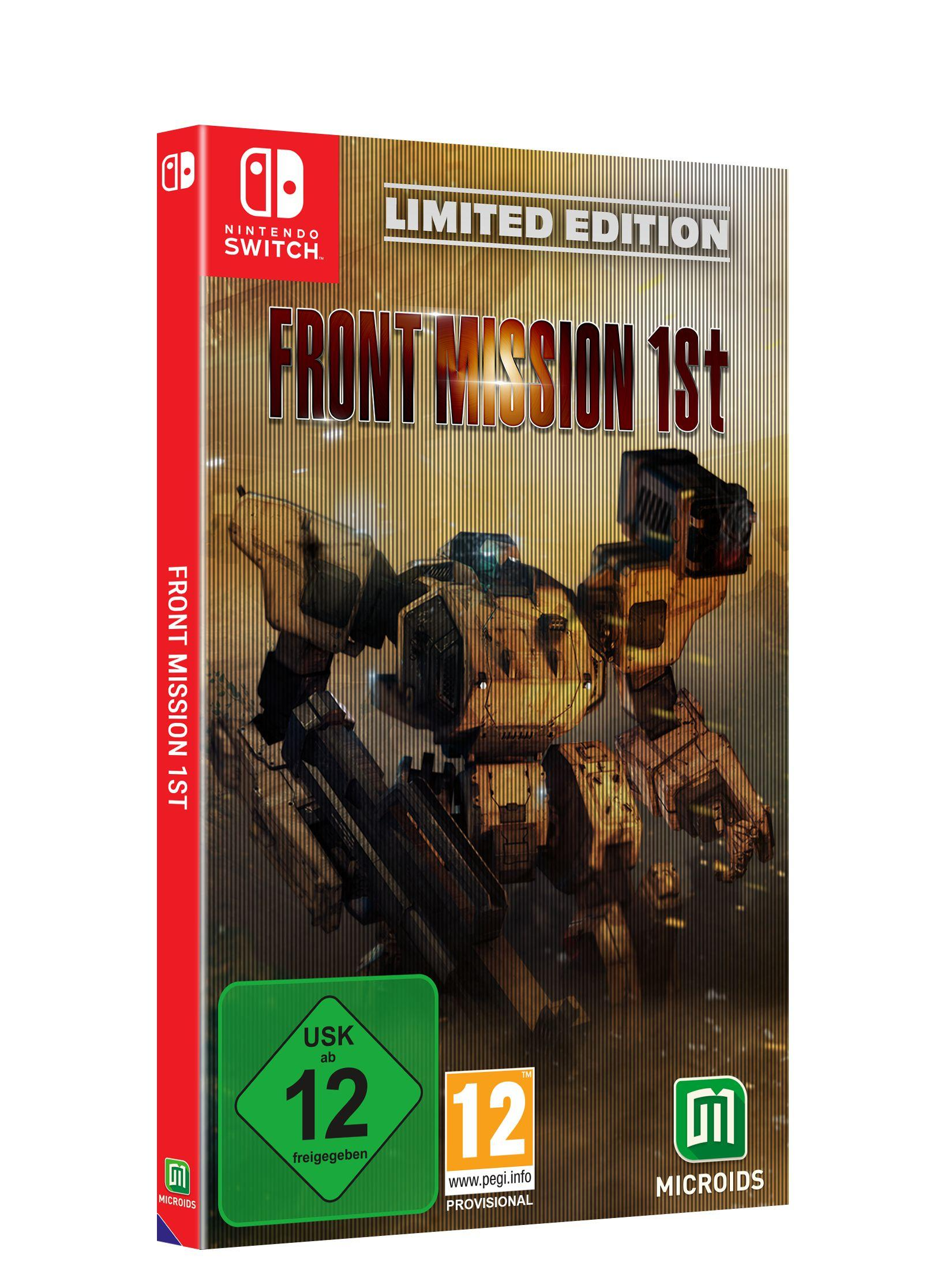 Front Mission 1st Nintendo Switch Spielbox, Mech in der Mitte, roter Rücken mit Titel.