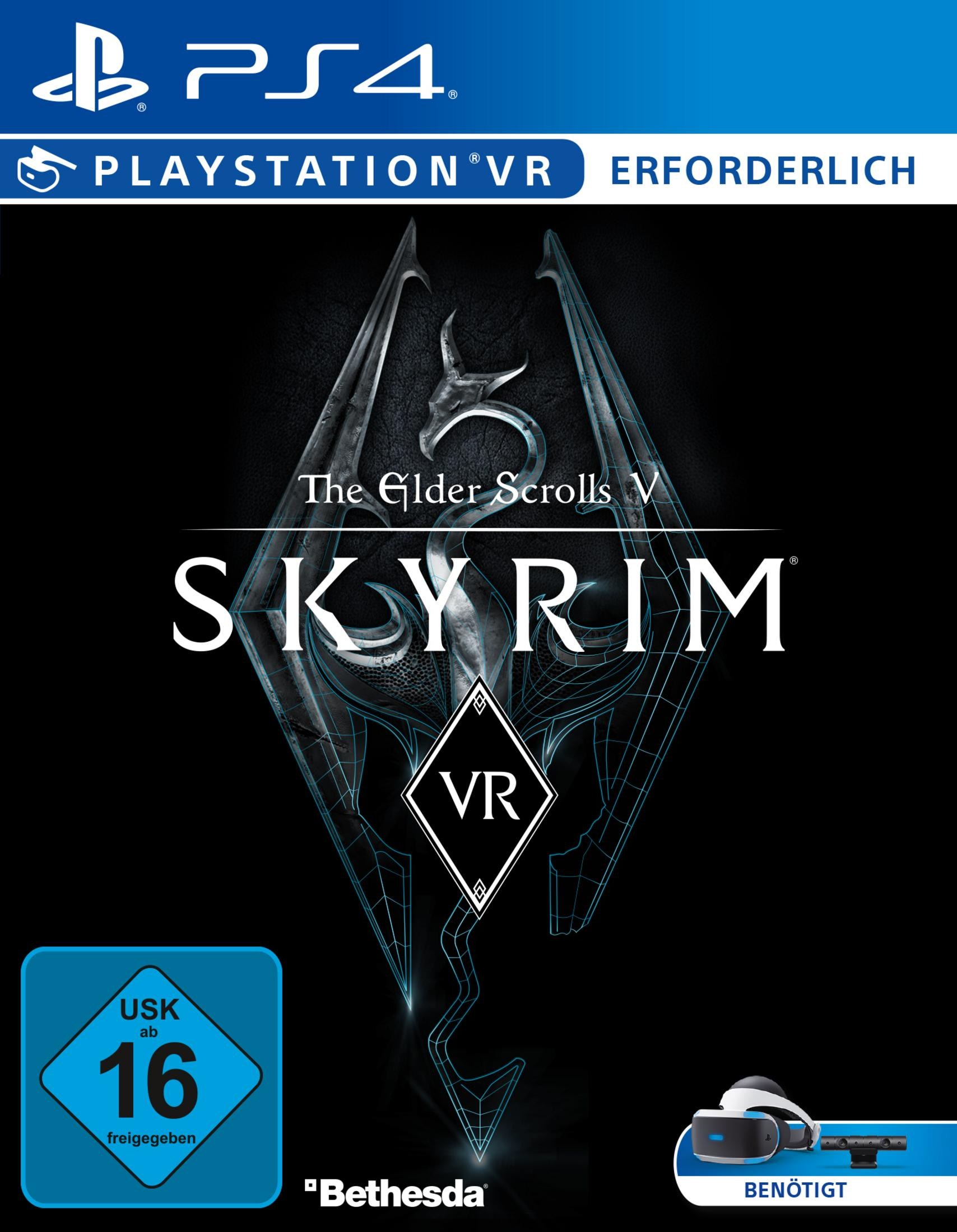 Okładka gry 'The Elder Scrolls V: Skyrim VR', z logo na czarnym tle i zestawem VR.