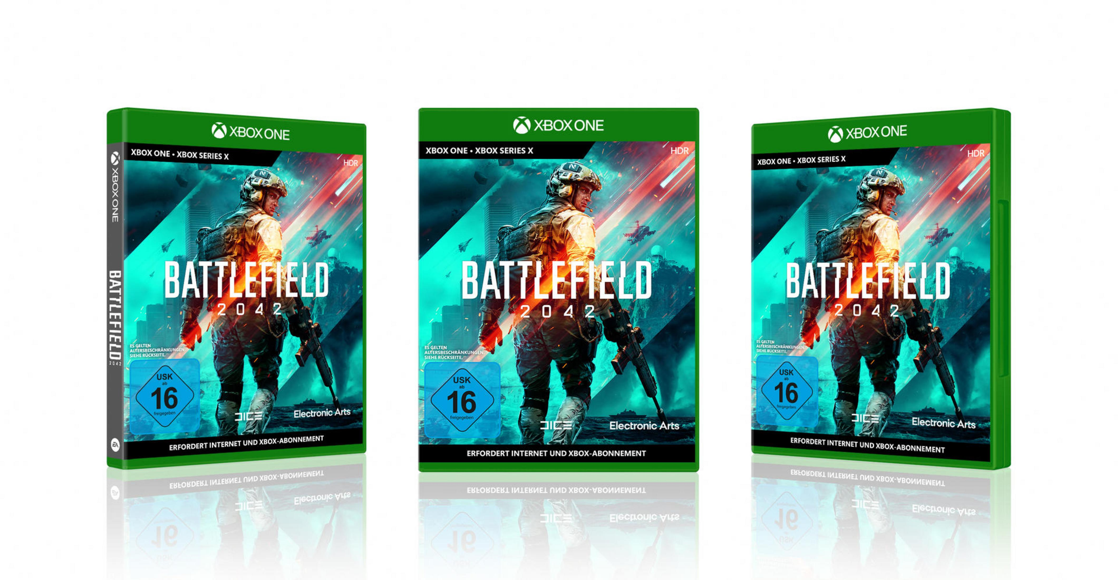 Drei 'Battlefield 2042' Spielboxen, Xbox One, grünes und weißes Design.
