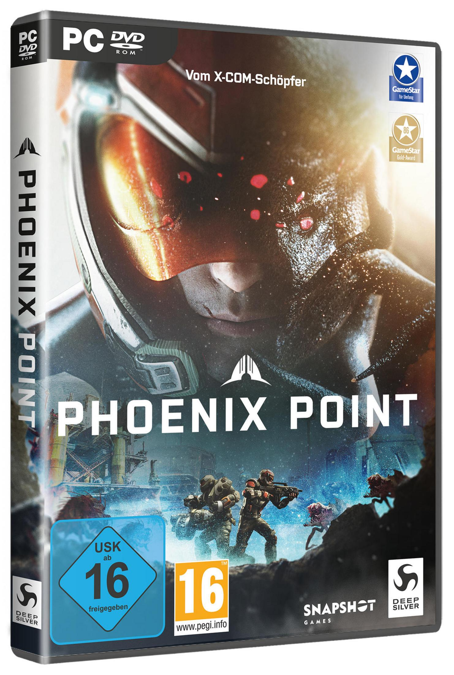 Spielbox für 'Phoenix Point'. Zeigt Soldaten im Kampf, mit futuristischem, außerirdischem Design.