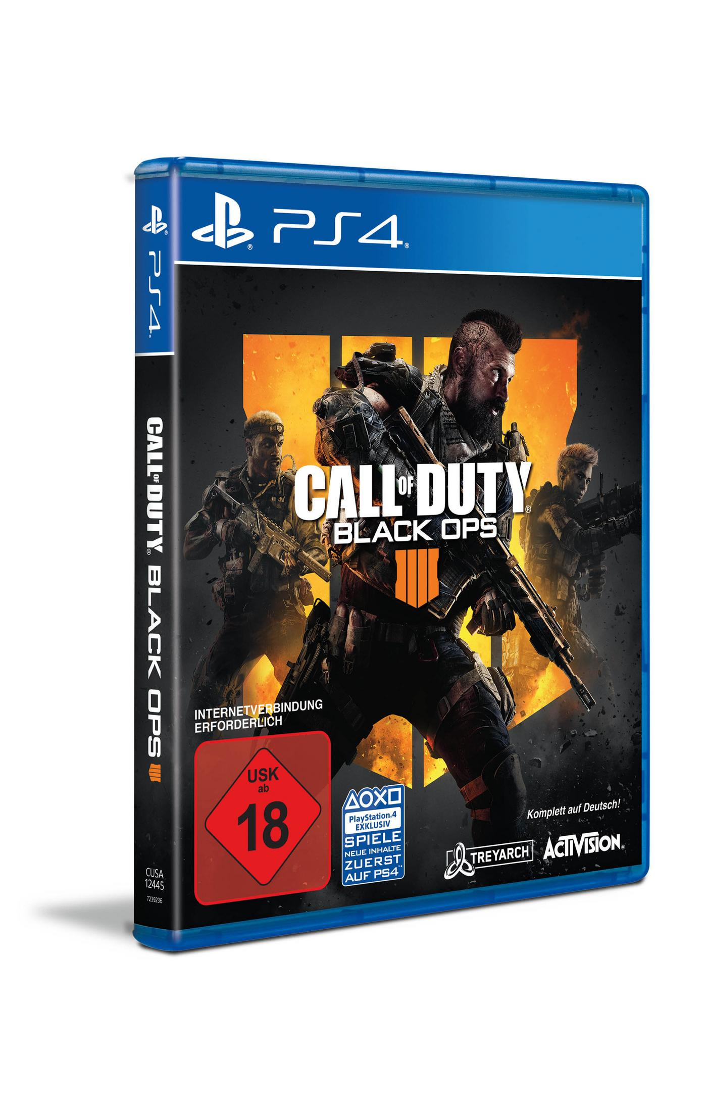 Pudełko gry Call of Duty Black Ops. Żołnierze z bronią, pomarańczowe tło. Tekst: Call of Duty Black Ops. USK 18 i tekst boczny.