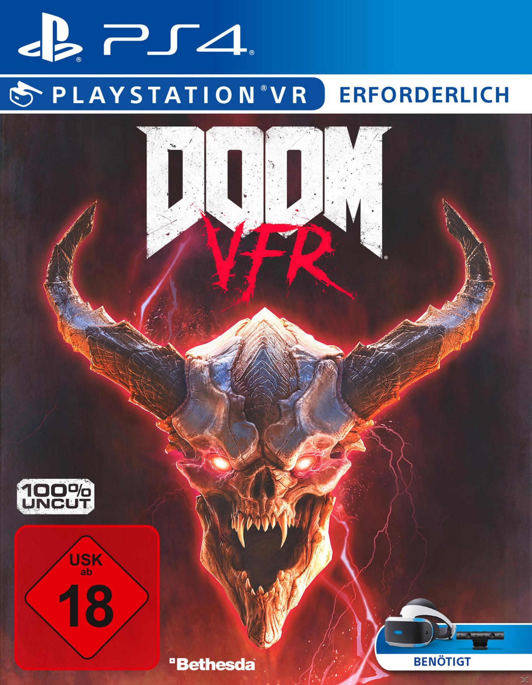 Okładka gry Doom VFR na PS4. Czaszka z rogami, czerwone tło i tekst. Ocena USK 18. Obraz gogli VR.