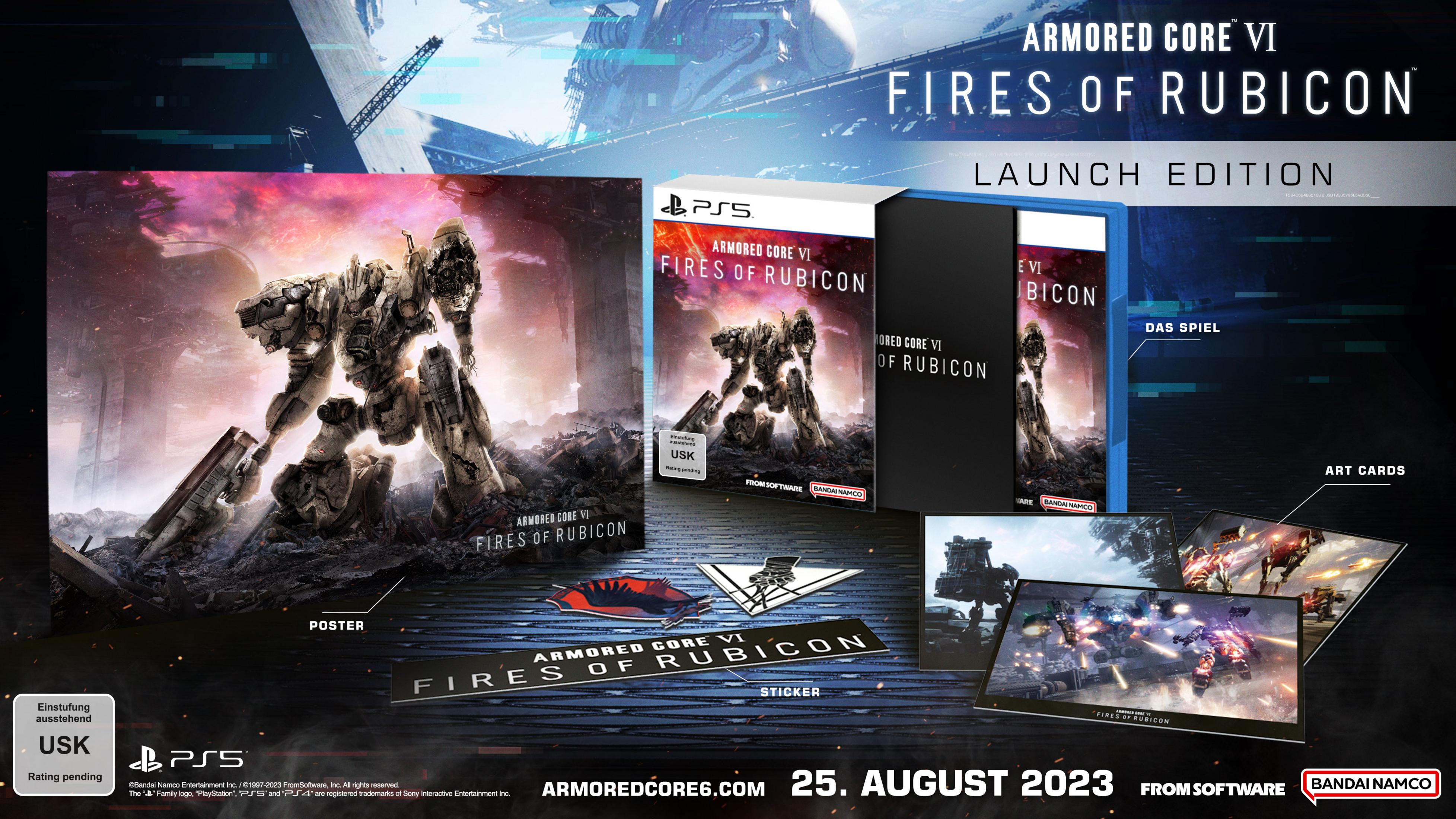 Spielboxset mit Mech-Roboter-Kunst, Launch-Edition. Text: 'Armored Core VI Fires of Rubicon'.