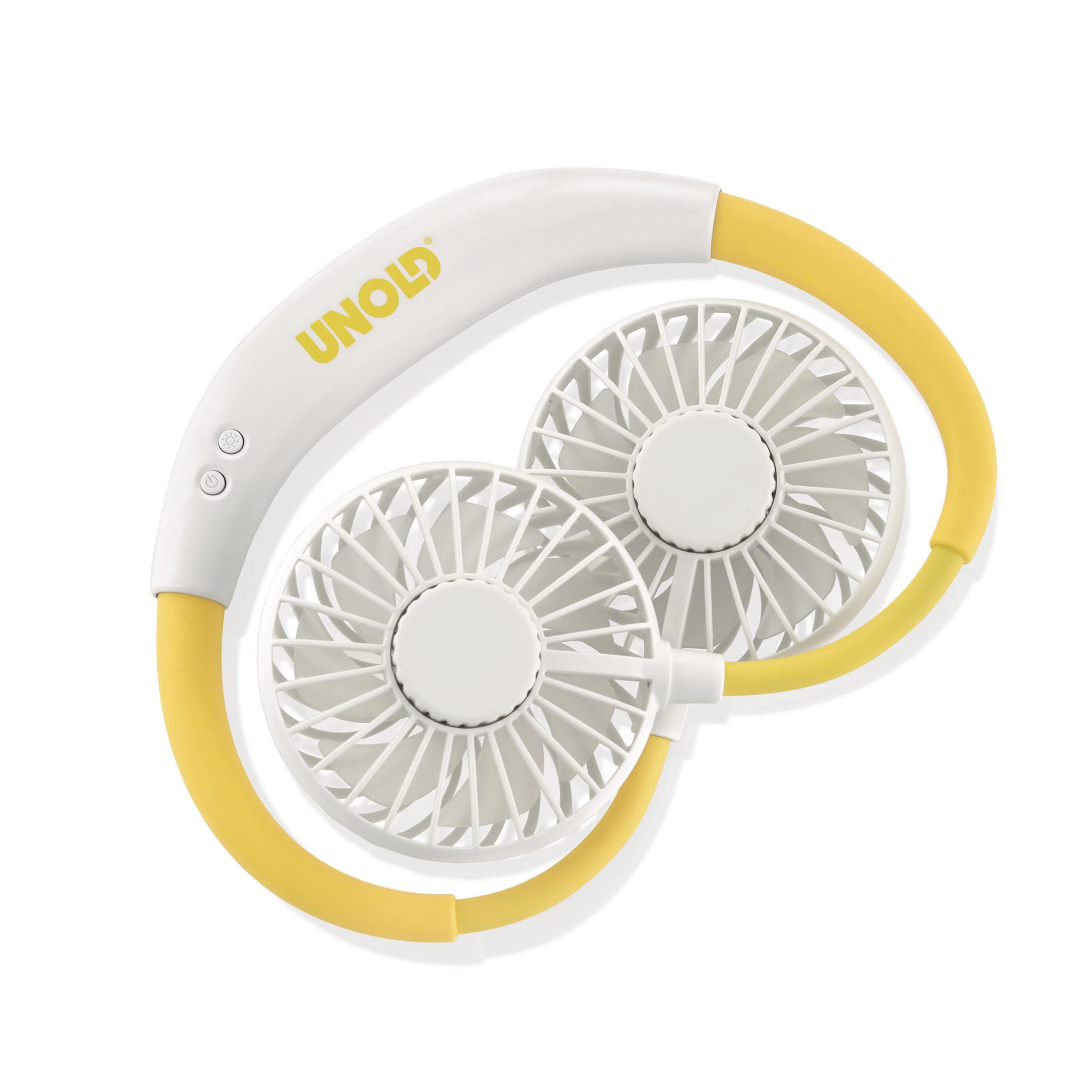 Biało-żółty wentylator na szyję. Ma dwa wentylatory, a marka UNOLD jest wydrukowana na żółto.