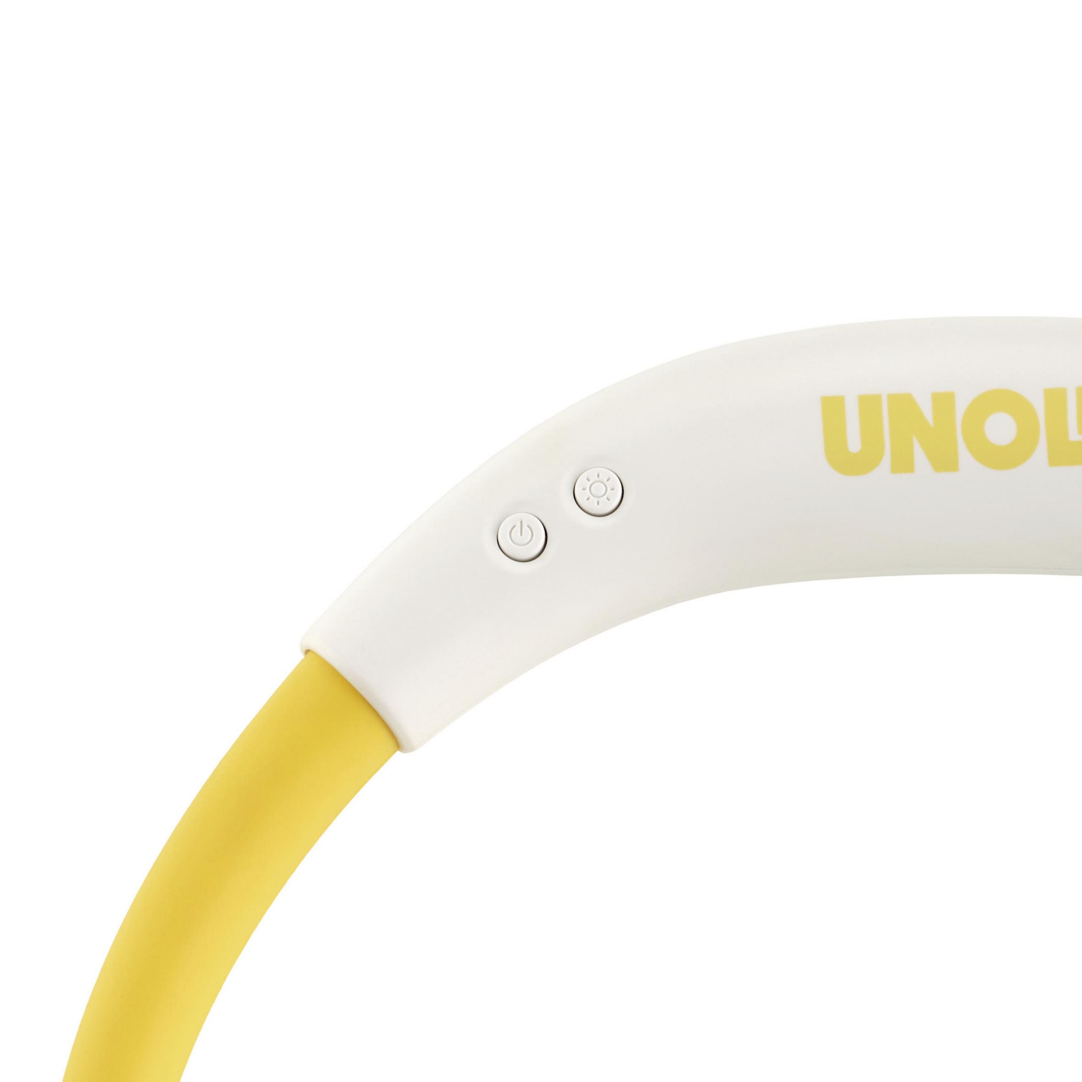 Biało-żółte światło na szyję. Ma dwa przyciski. Słowo UNOL jest widoczne na urządzeniu.