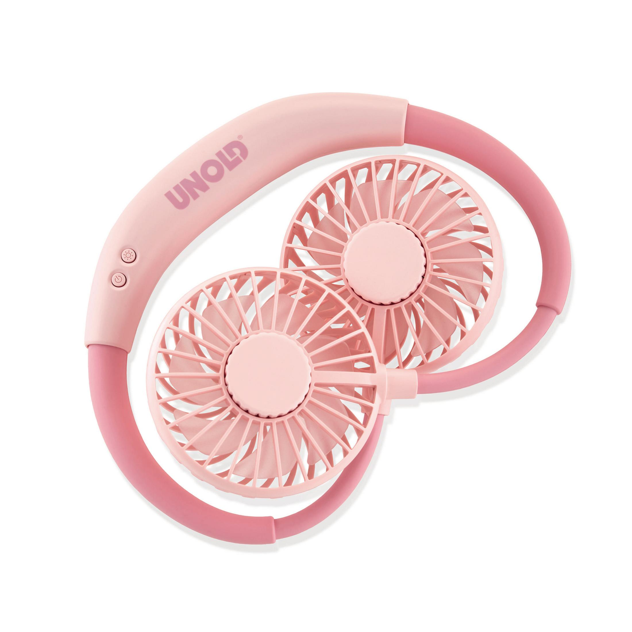 Różowy wentylator na szyję z dwoma wentylatorami, przyciskami i zakrzywioną opaską na szyję. Białe tło.