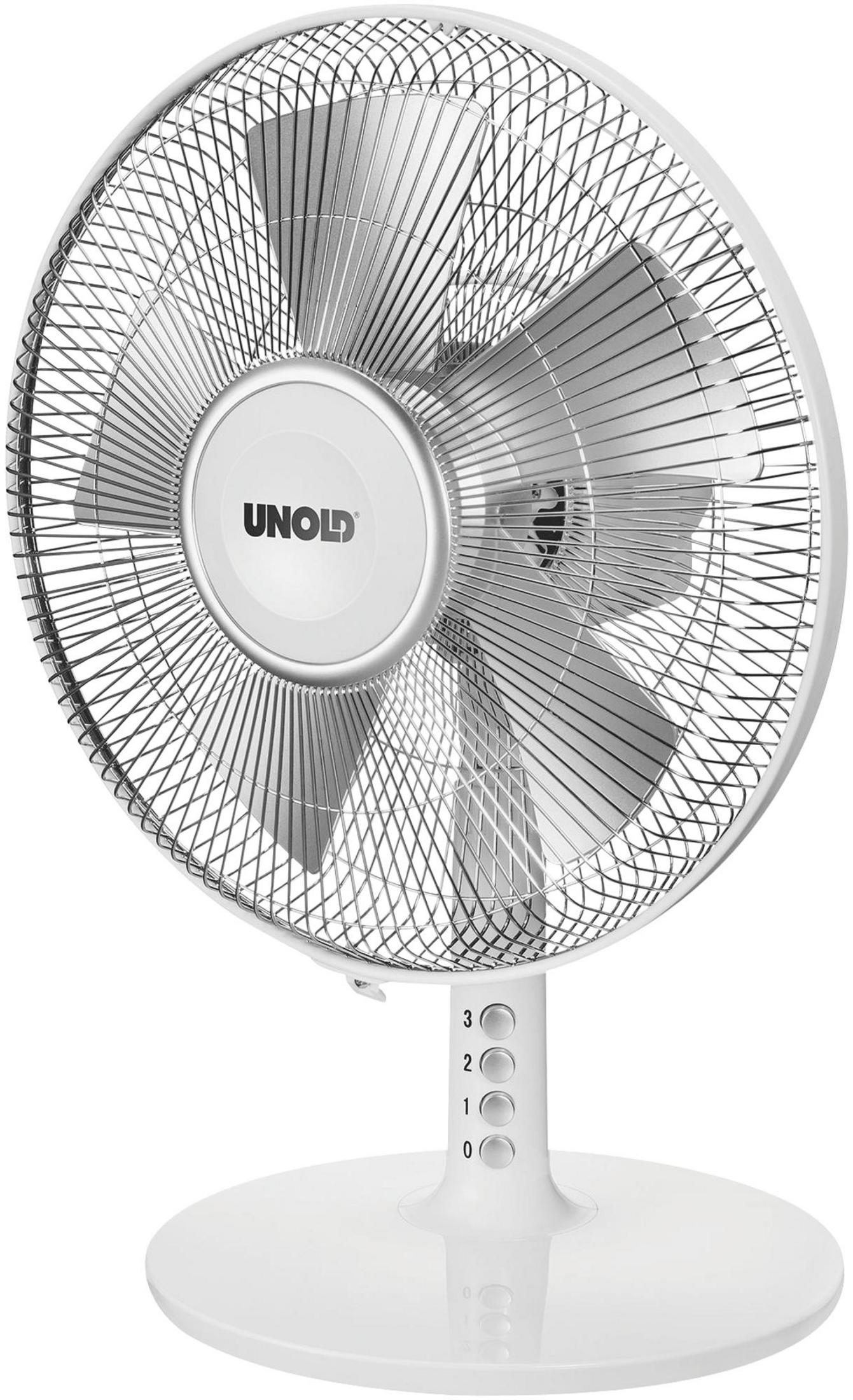 Weißer Unold-Ventilator mit Schutzgitter und drei Geschwindigkeitseinstellungen auf weißem Sockel.