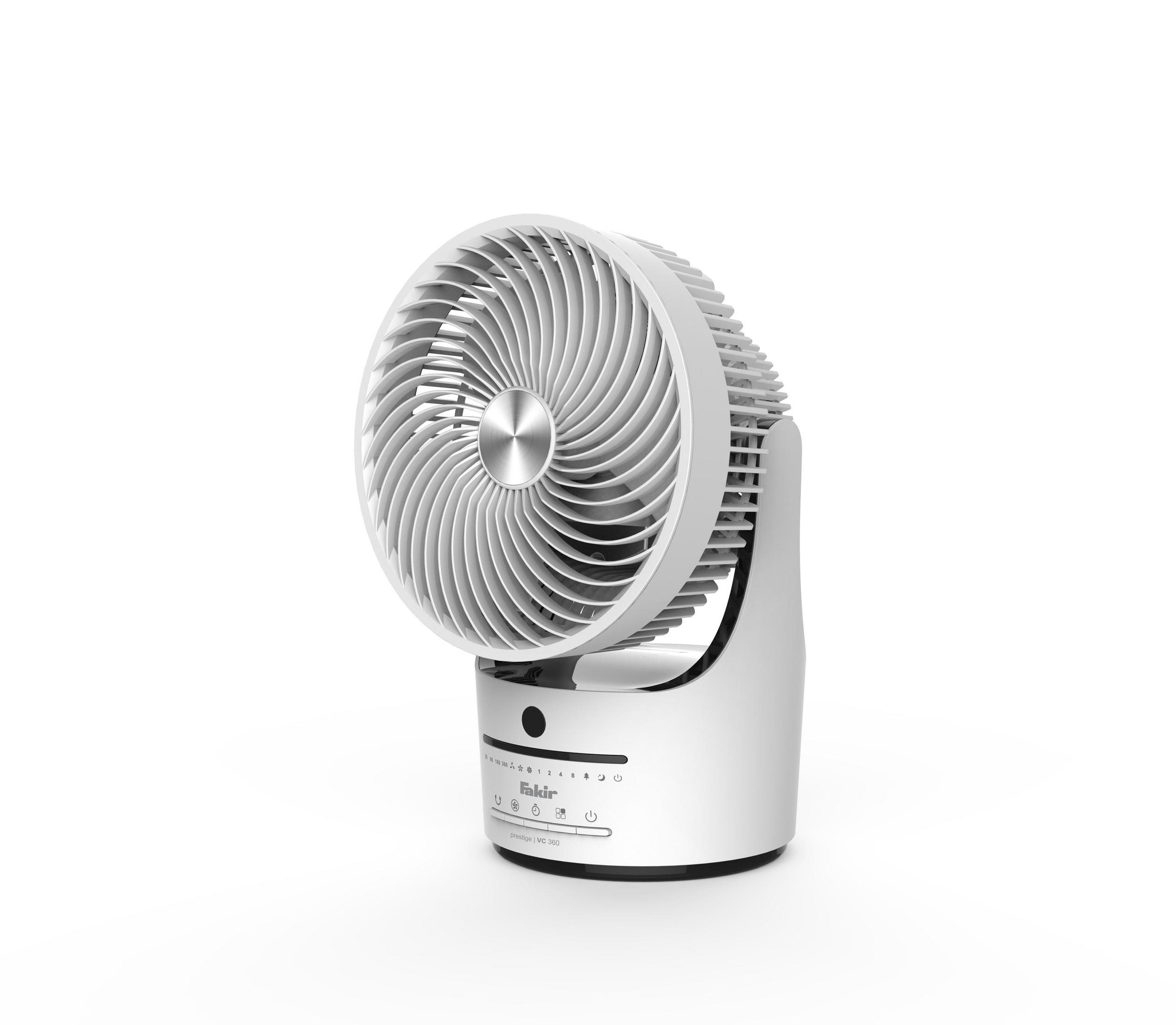 Weißer Ventilator mit gebogenen Blättern auf weißer Basis, nach rechts geneigt.