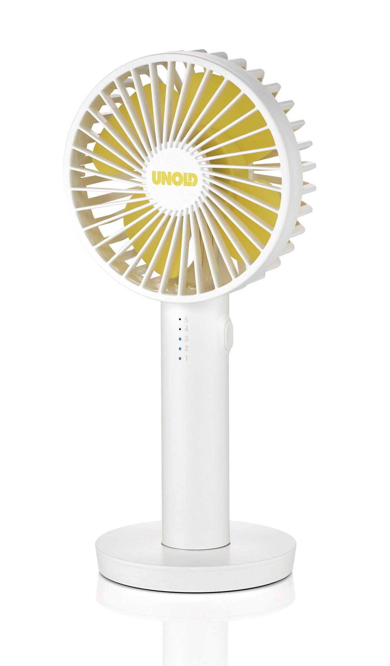 Weißer tragbarer Ventilator mit gelben Blättern, einem Griff und einem runden Sockel.