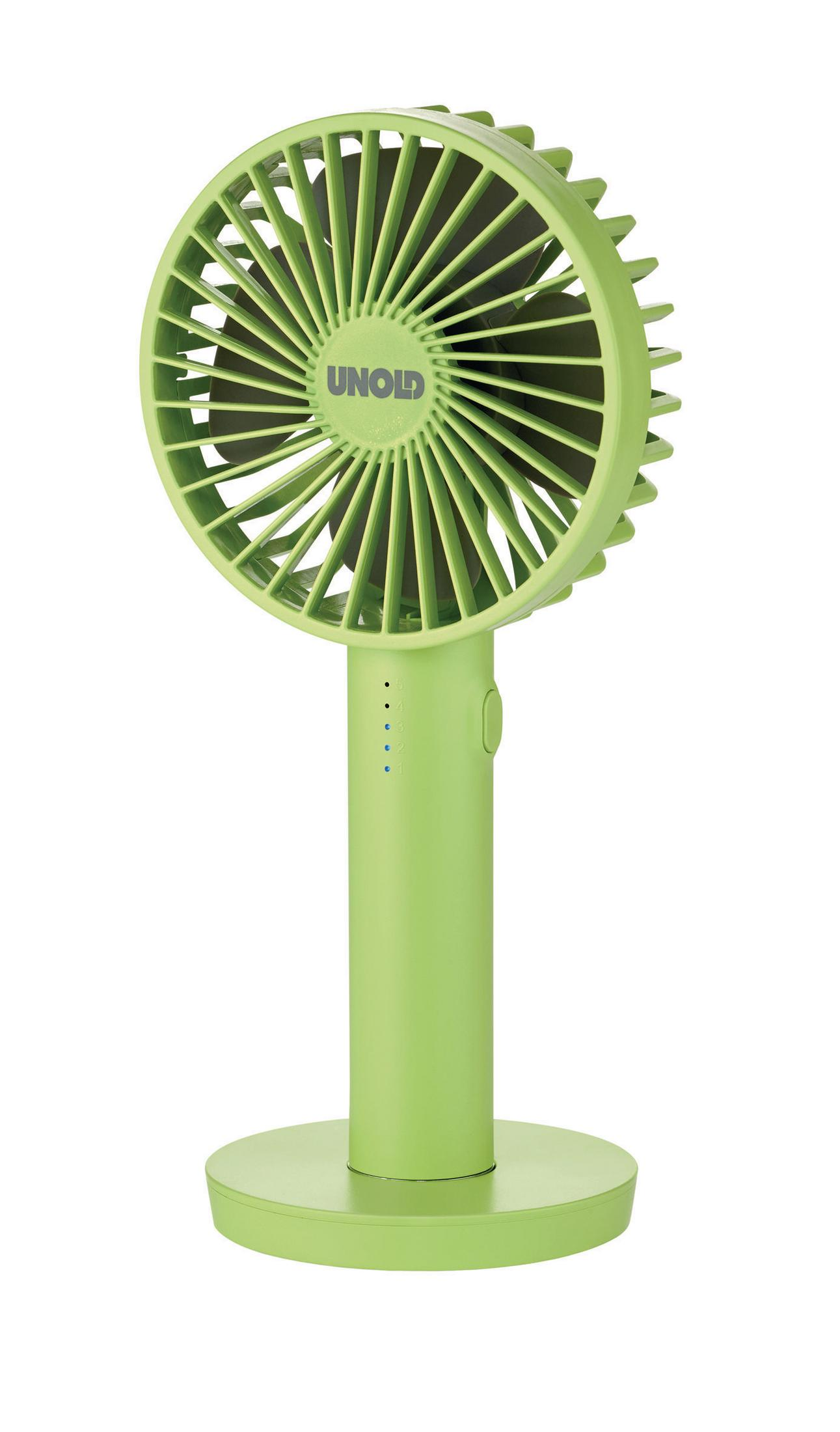 Zielony wentylator ręczny ze stojakiem. Wentylator jest włączony i ma kilka niebieskich świateł.