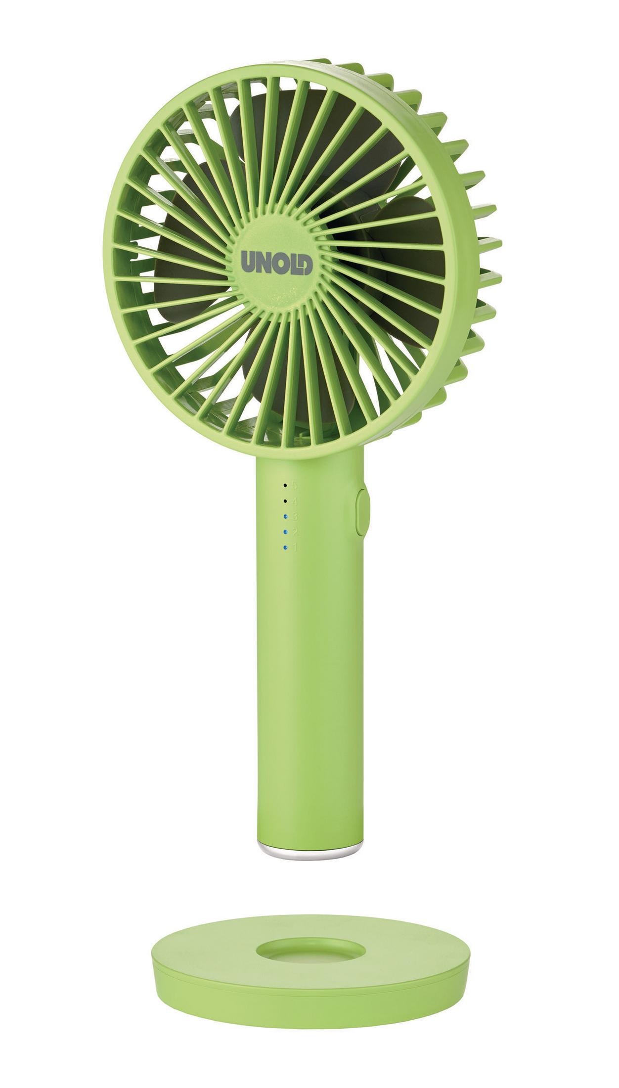 Zielony wentylator przenośny ze stojakiem. Wentylator i stojak są osobne. Tło jest białe.