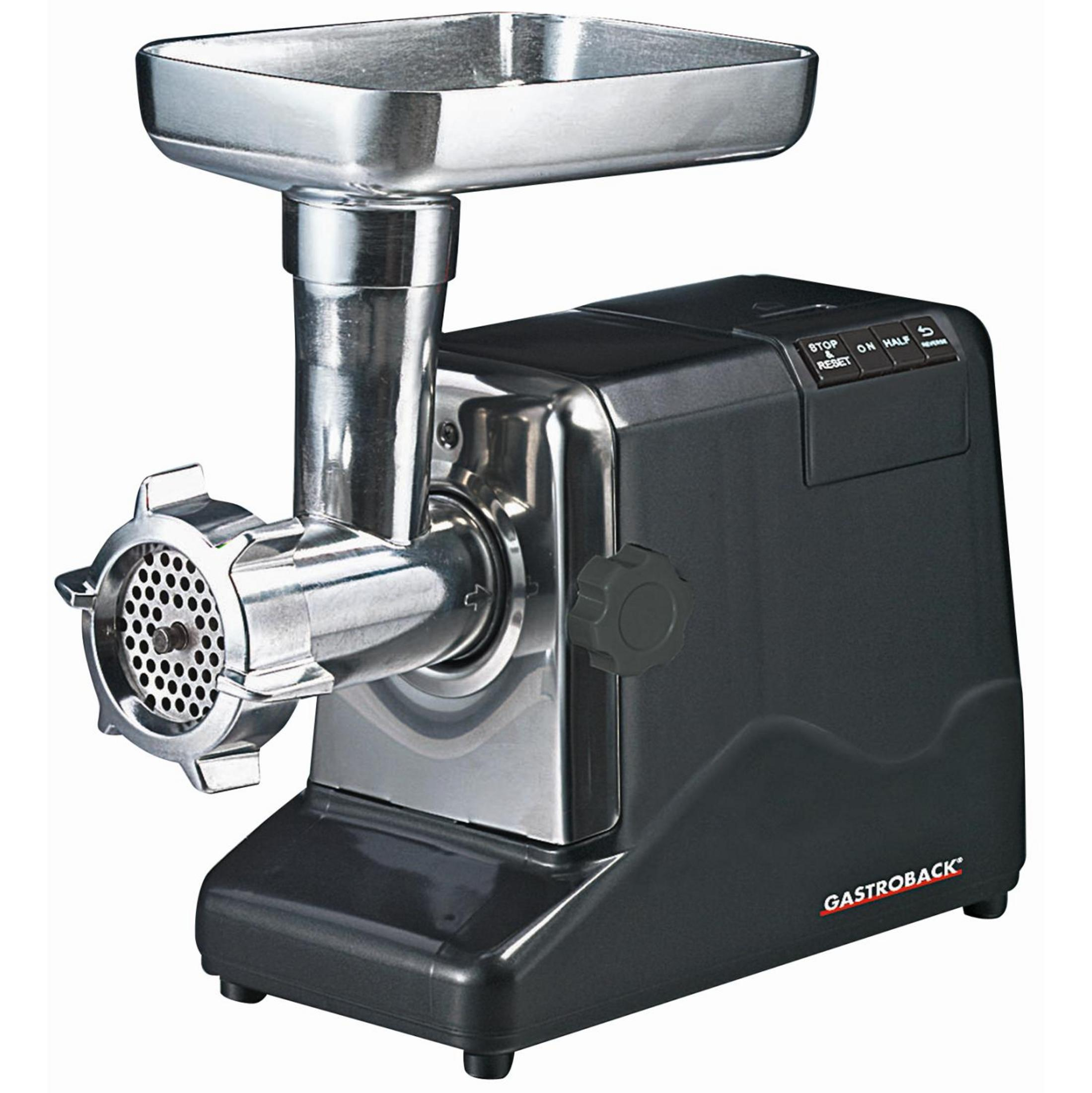 Elektryczna maszynka do mielenia mięsa. Jest czarna i srebrna ze stalową tacką na górze.